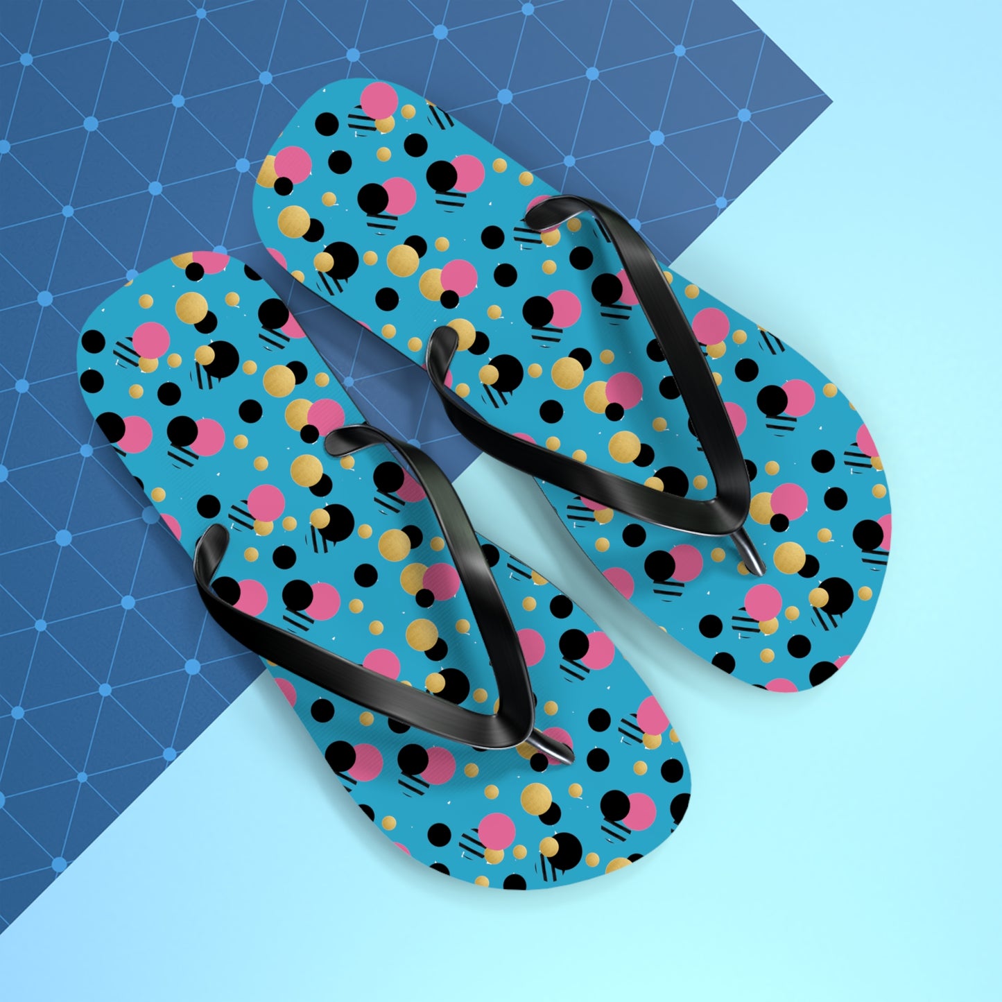 Turquoise pink, black gold polka dot Flip Flops