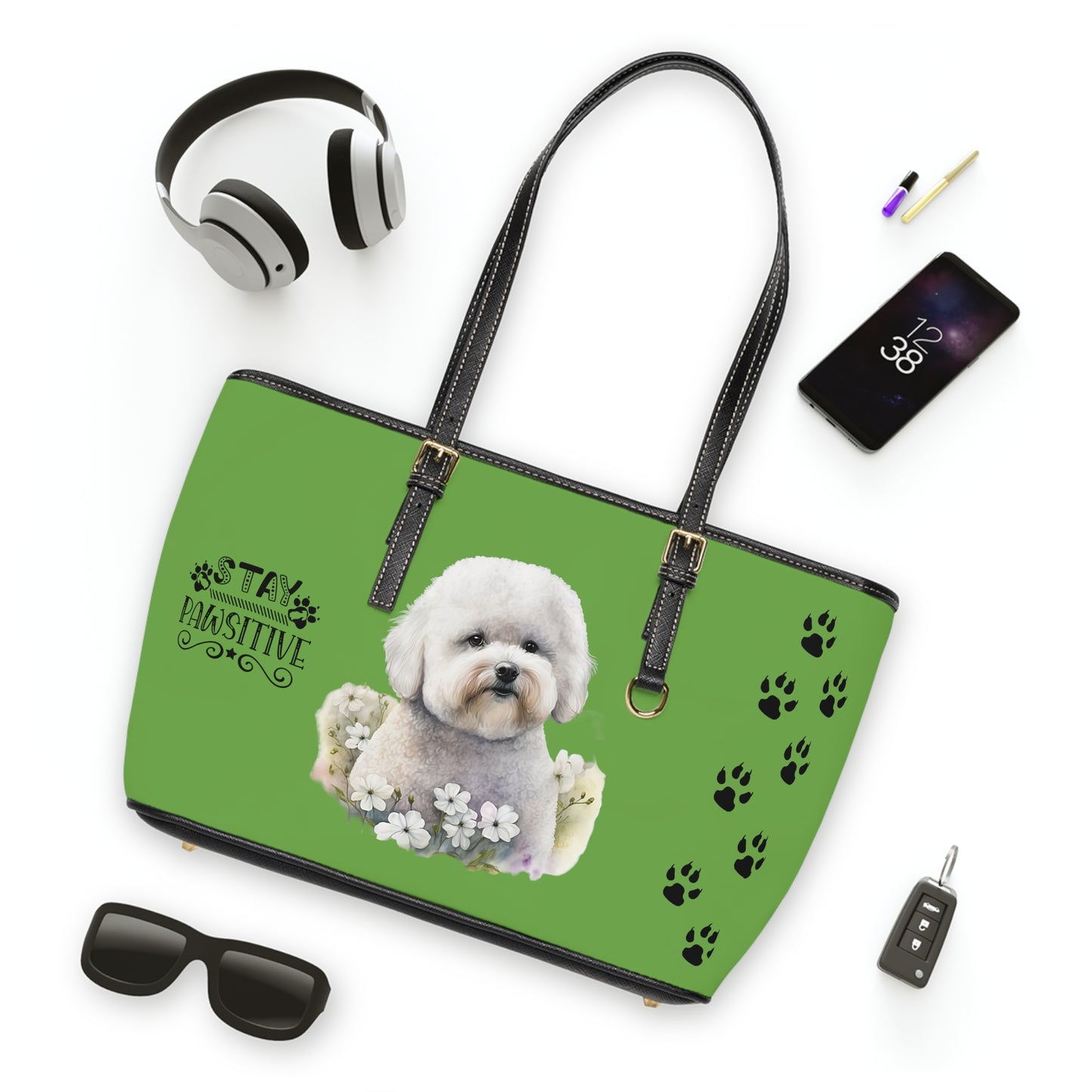 Bichon Frise Leather Shoulder Bag Lime Green two Bichon pictures You Had Me at Woof Stay Pawsitive