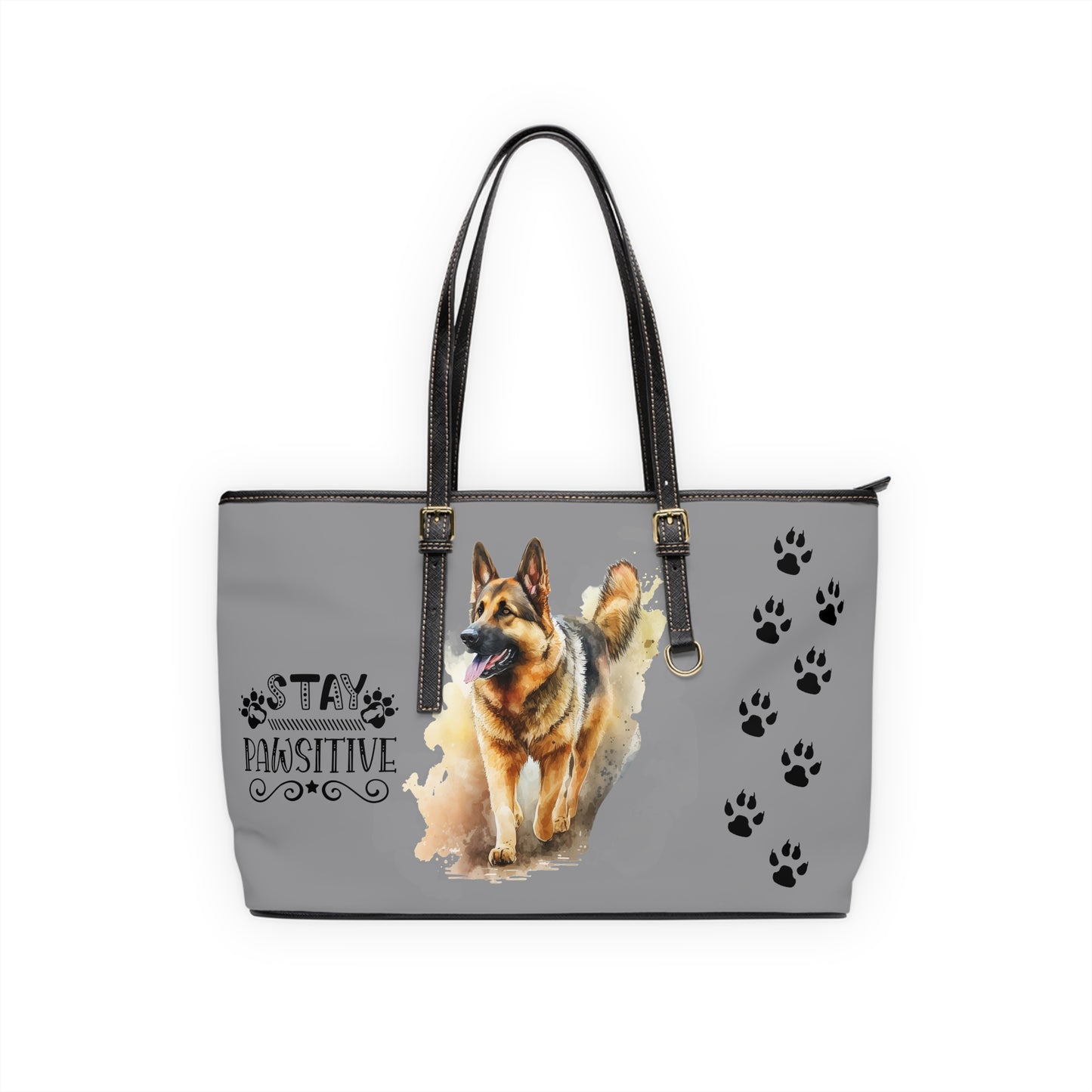 German Shepard Leather Shoulder Bag Grey You had me at Woof Stay Pawsitive Tote