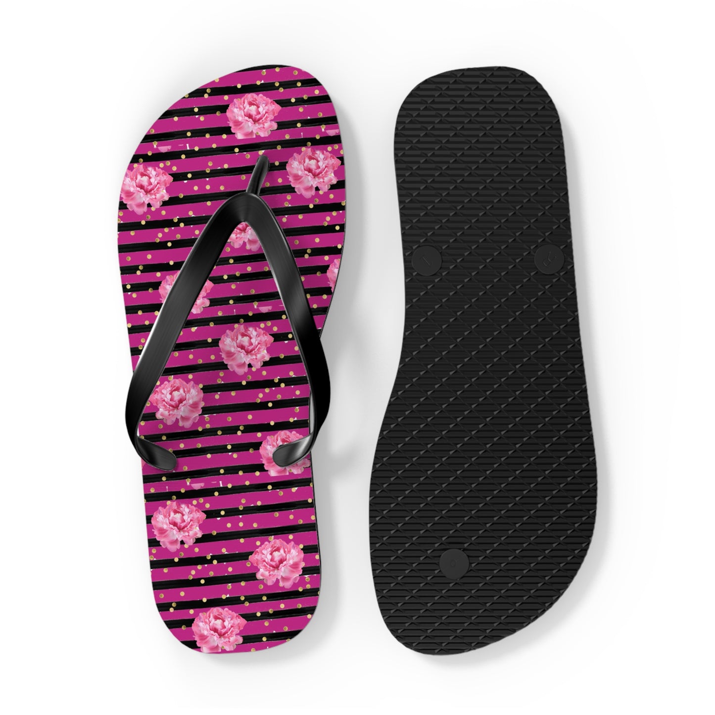 Bright Pink rose and black striped Flip Flops