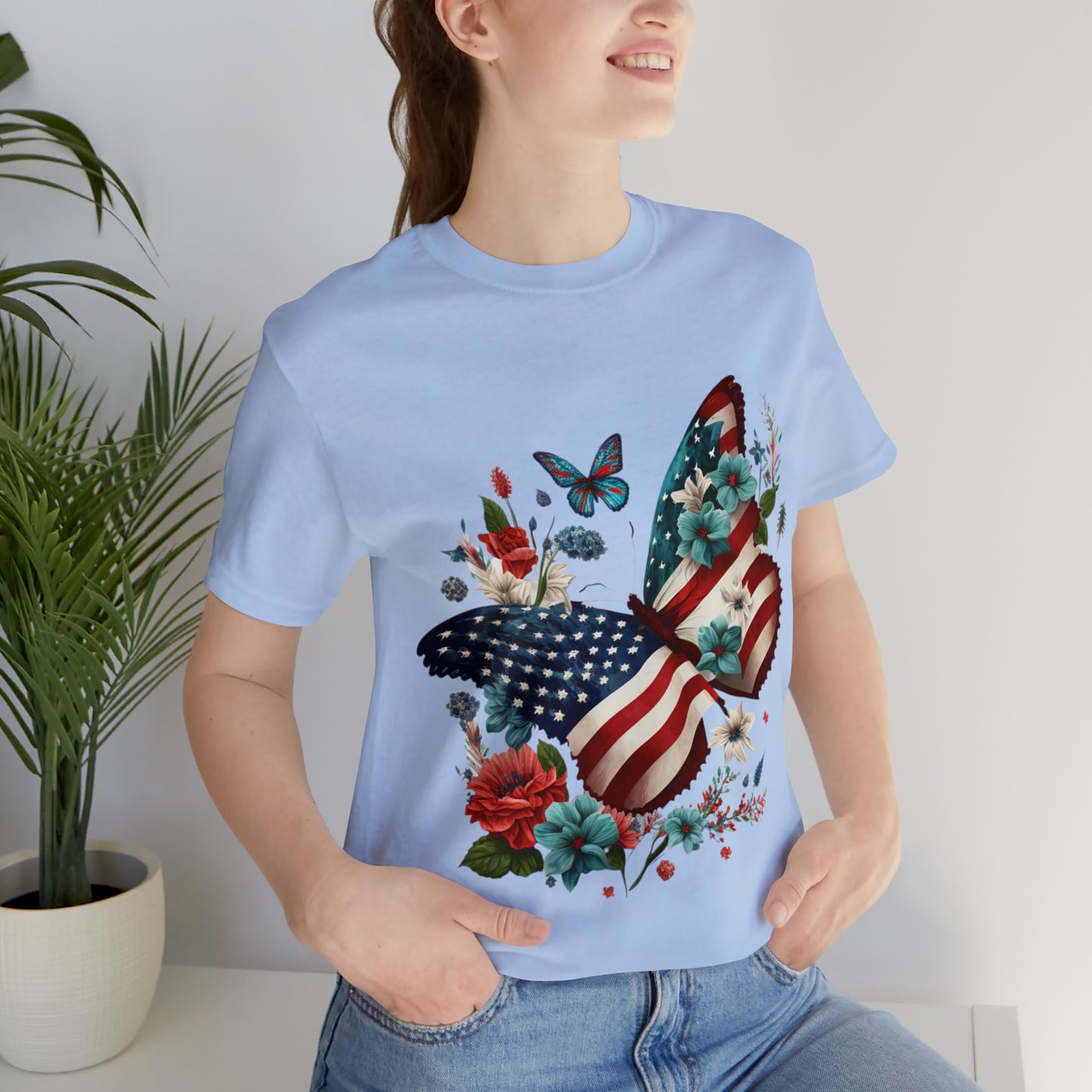 Unisex Jersey Short Sleeve Tee, American Flag, Butterfly, Patriotic