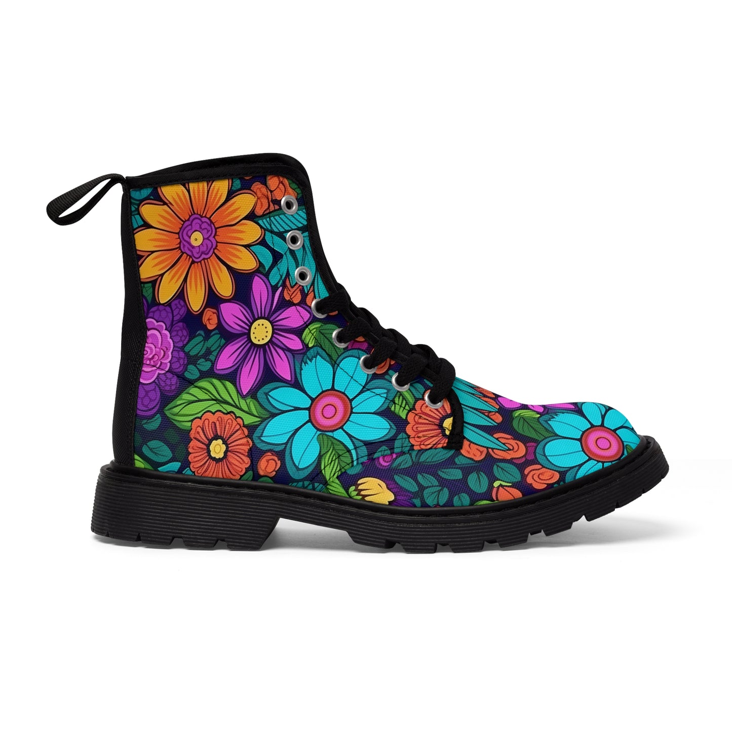 Women's Canvas Boots, Daisies, Sunflowers, Yellow, Purple, Aqua, Flowers, Retro