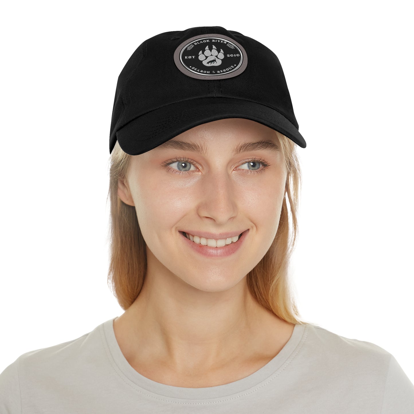 Unisex Hat with Leather Patch (Round), Black River Search & Rescue Logo, black & white patch