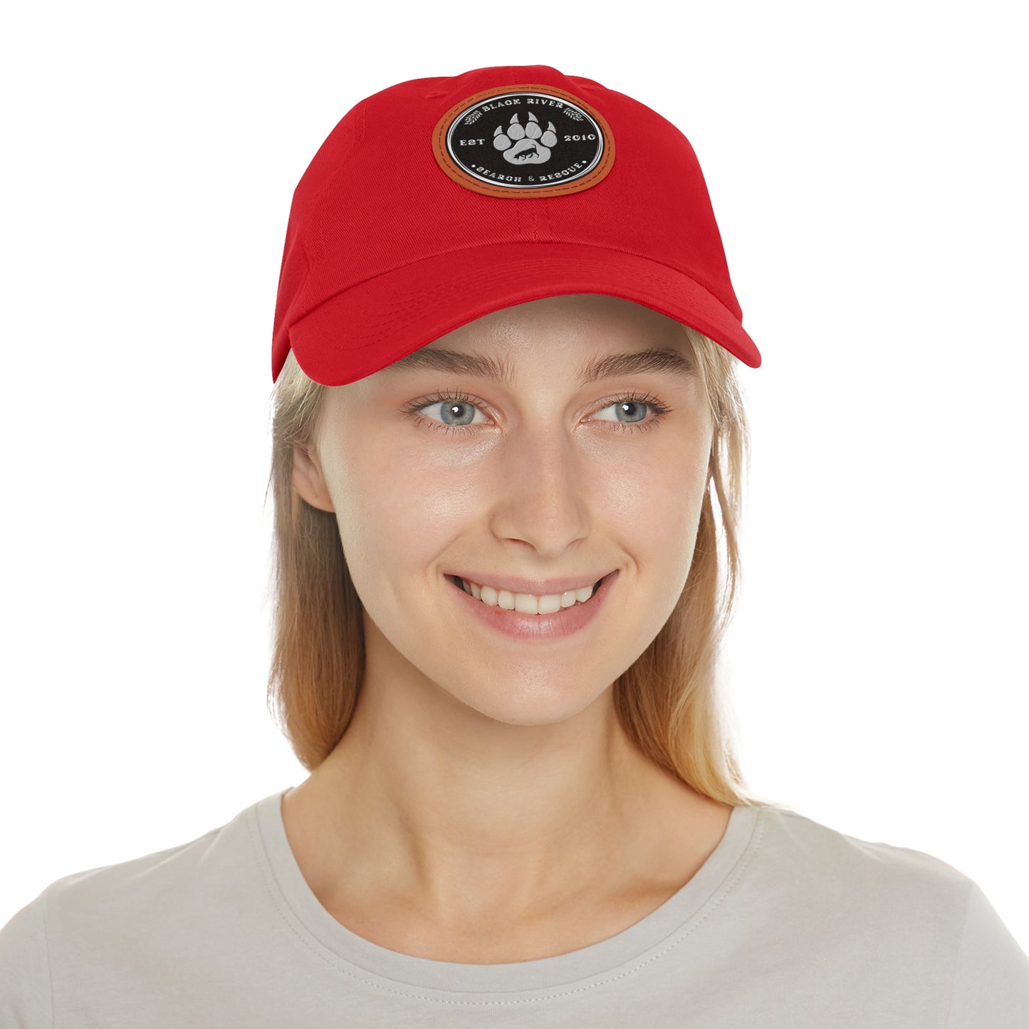 Unisex Hat with Leather Patch (Round), Black River Search & Rescue Logo, black & white patch