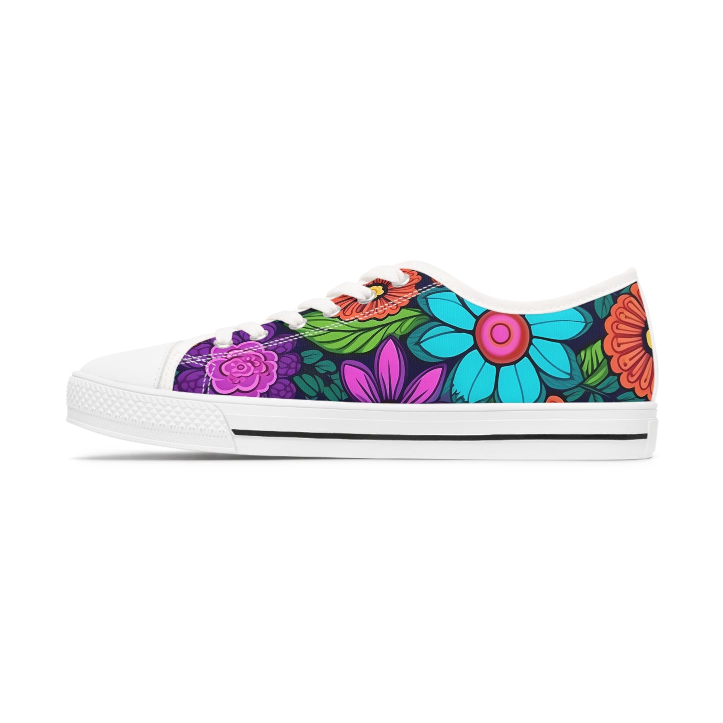 Women's Low Top Sneakers, Retro Flowers, Purple, Aqua, Multi-color floral