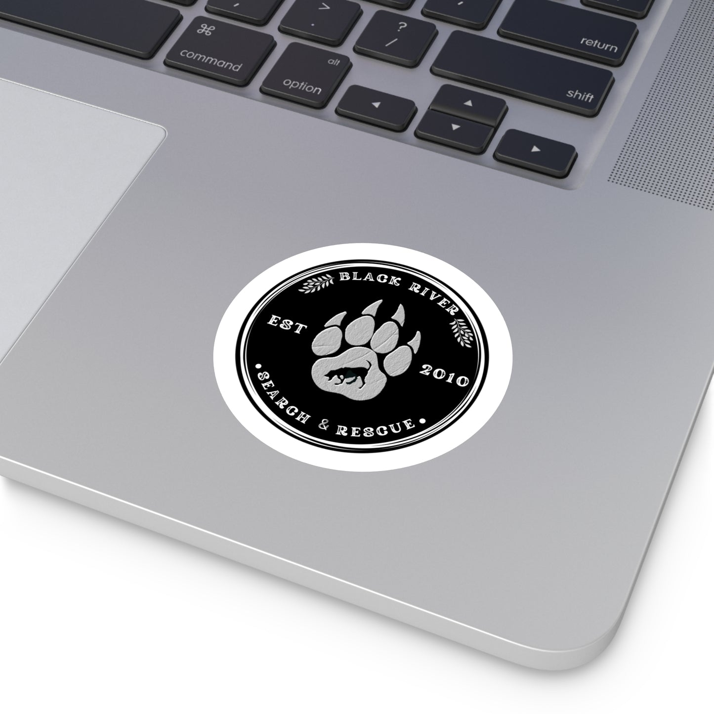 BRSAR Logo Round Stickers, Indoor\Outdoor, Multiple sizes, White leather look on Black