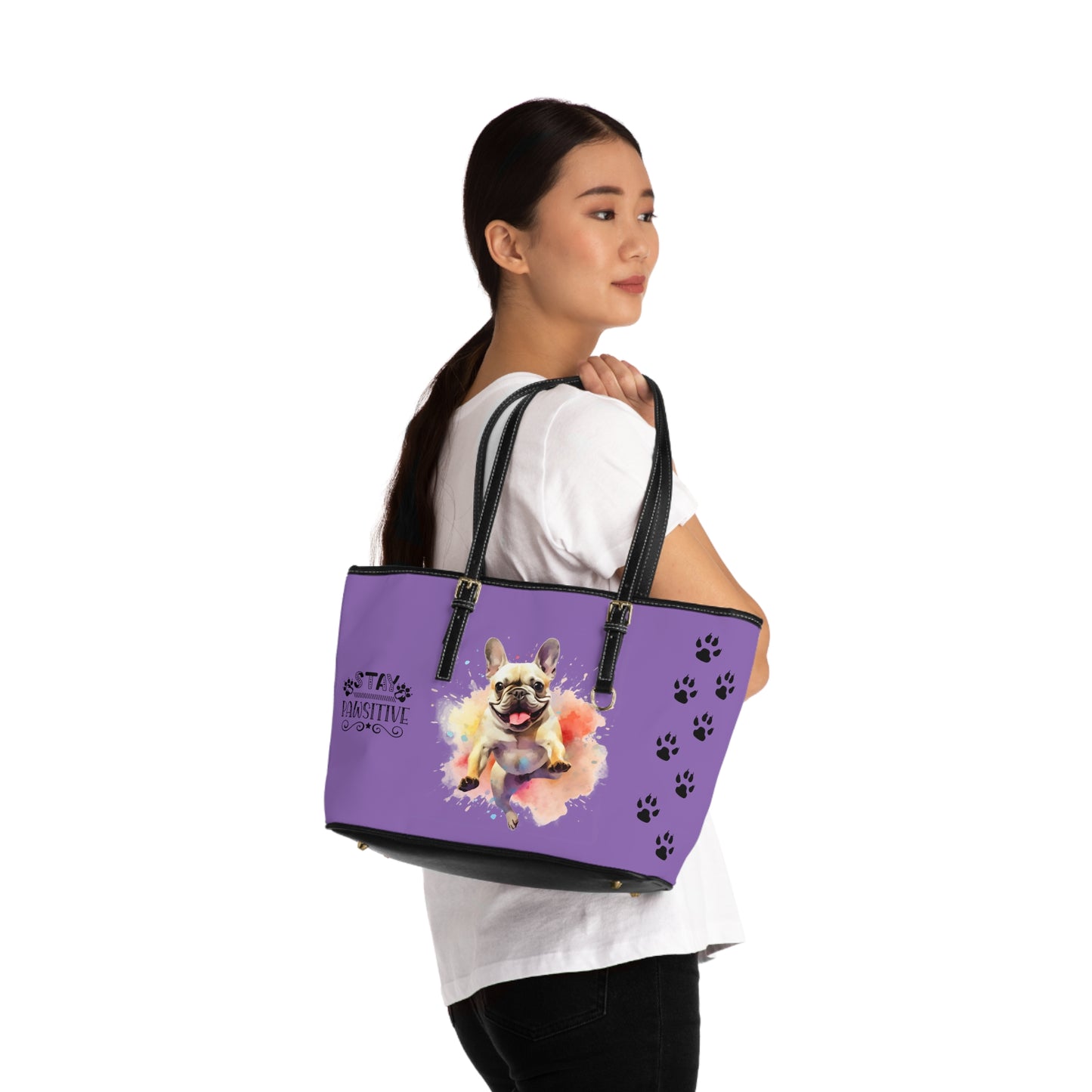 French Bulldog Leather Shoulder Bag Purple two Frenchie pictures You Had Me at Woof Stay Pawsitive