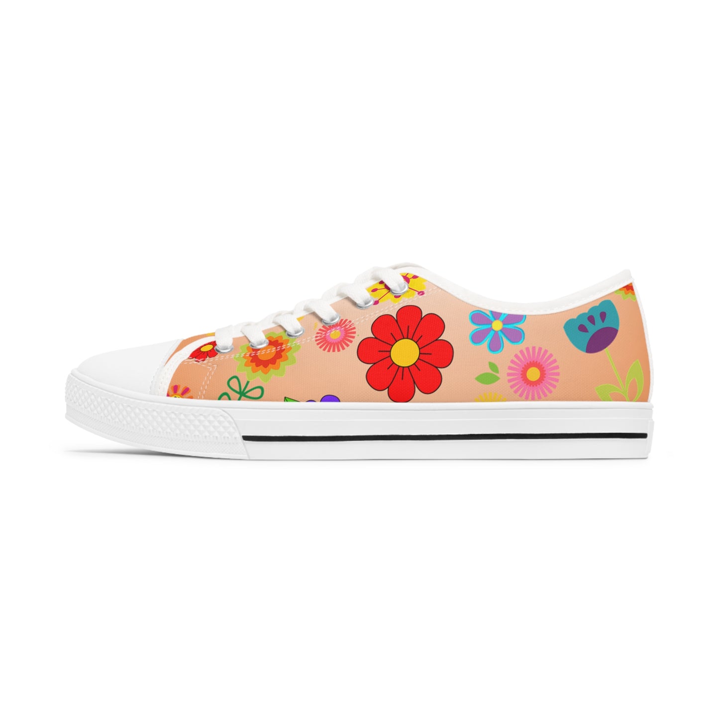 Women's Low Top Sneakers, Retro Flowers, Orange, Multi-color flowers