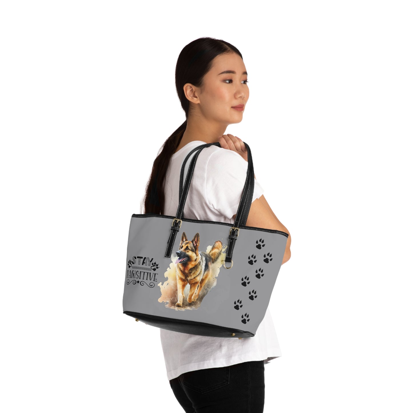 German Shepard Leather Shoulder Bag Grey You had me at Woof Stay Pawsitive Tote