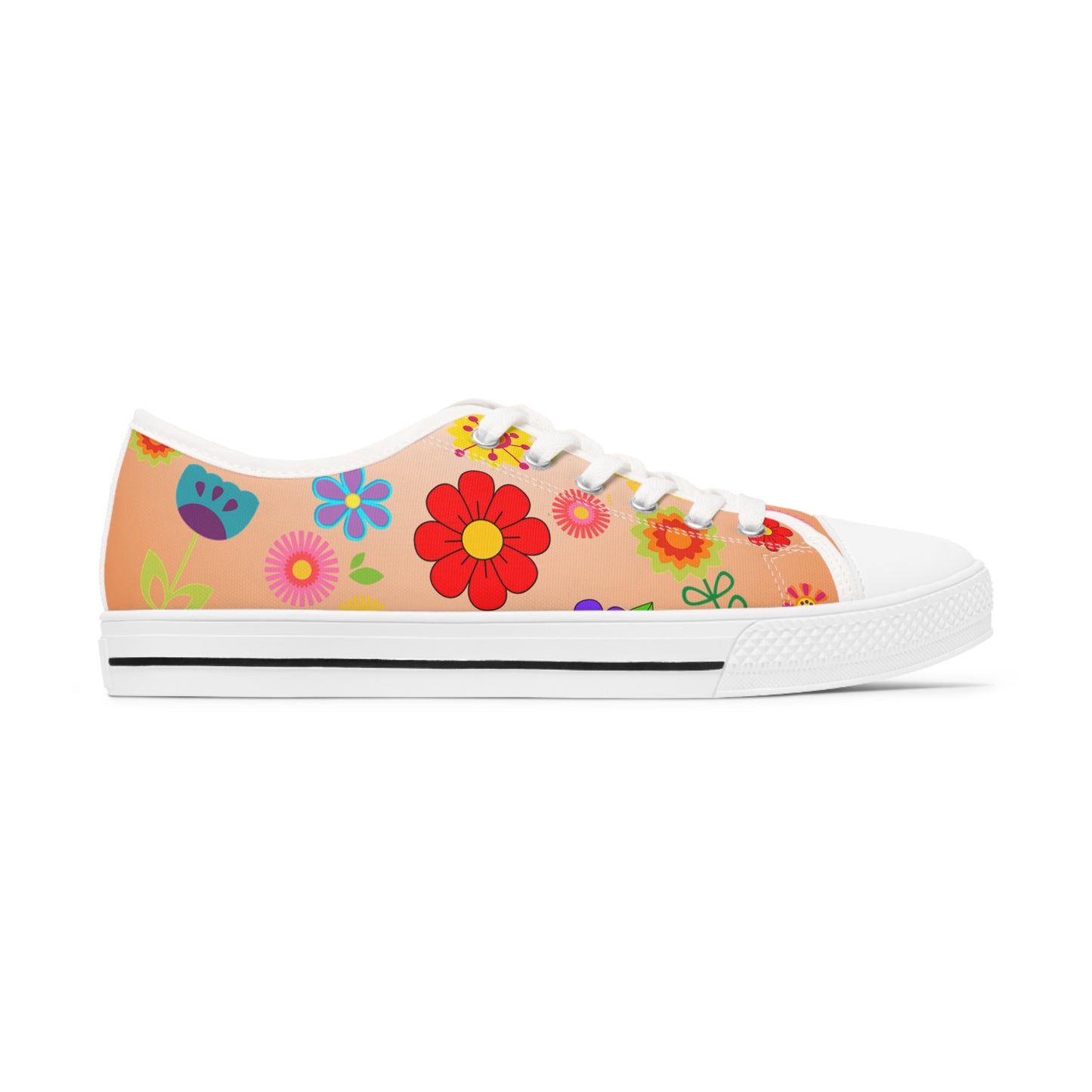 Women's Low Top Sneakers, Retro Flowers, Orange, Multi-color flowers