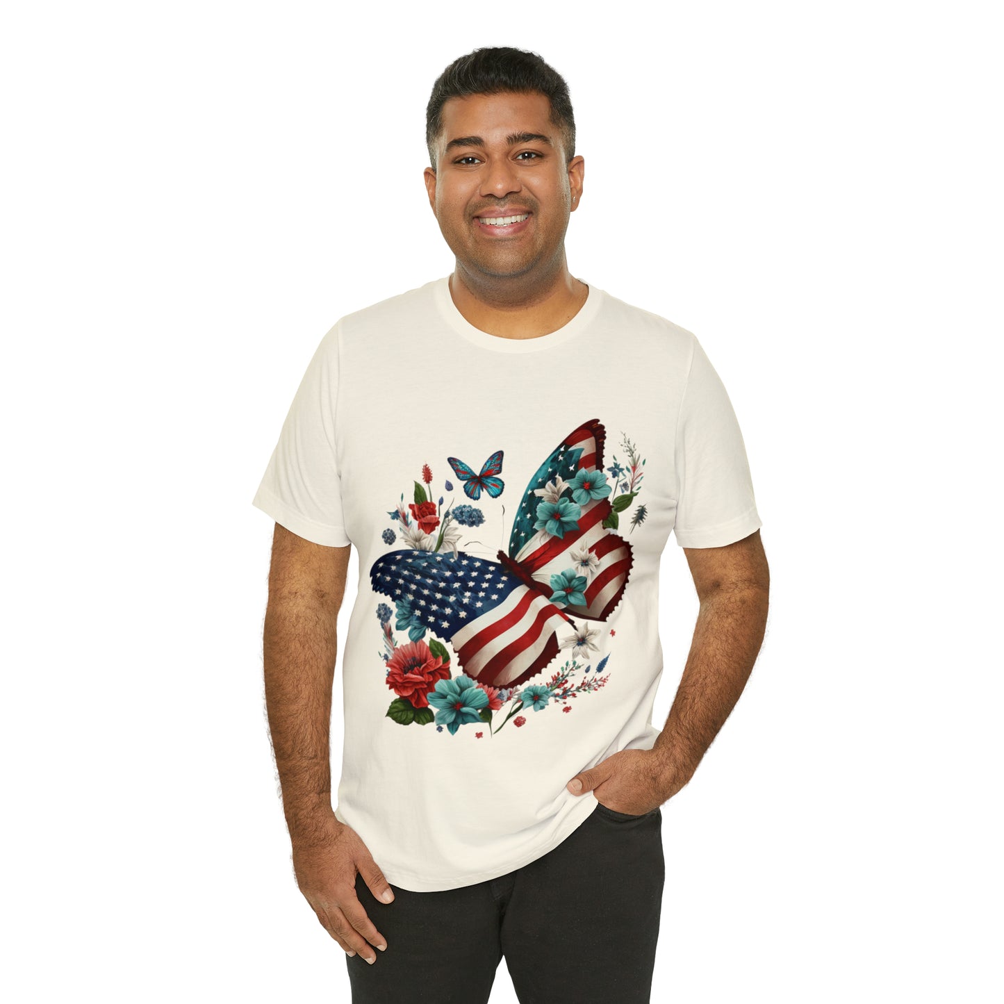 Unisex Jersey Short Sleeve Tee, American Flag, Butterfly, Patriotic