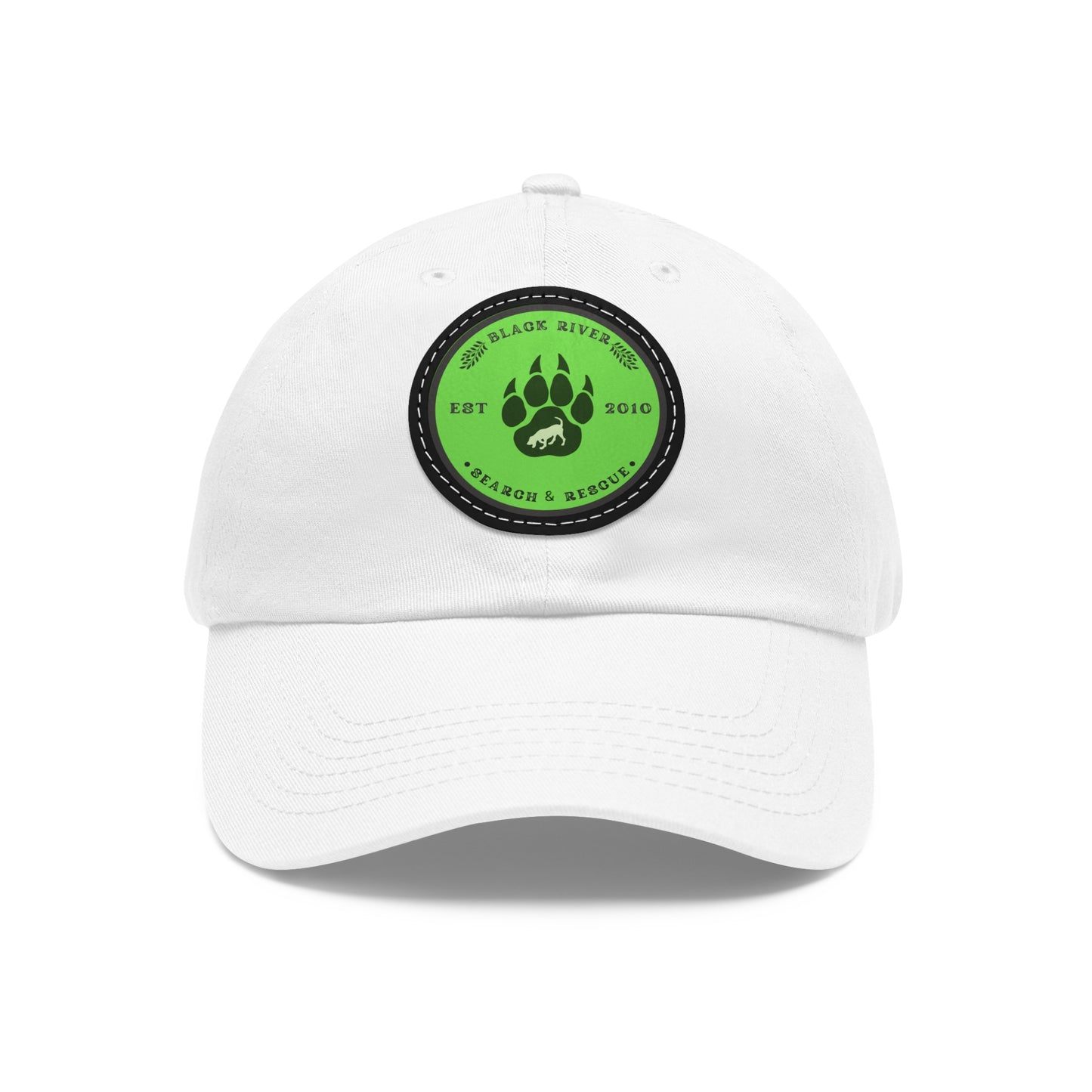 Unisex Hat with Leather Patch (Round), Black River Search & Rescue Logo, Lime Green patch