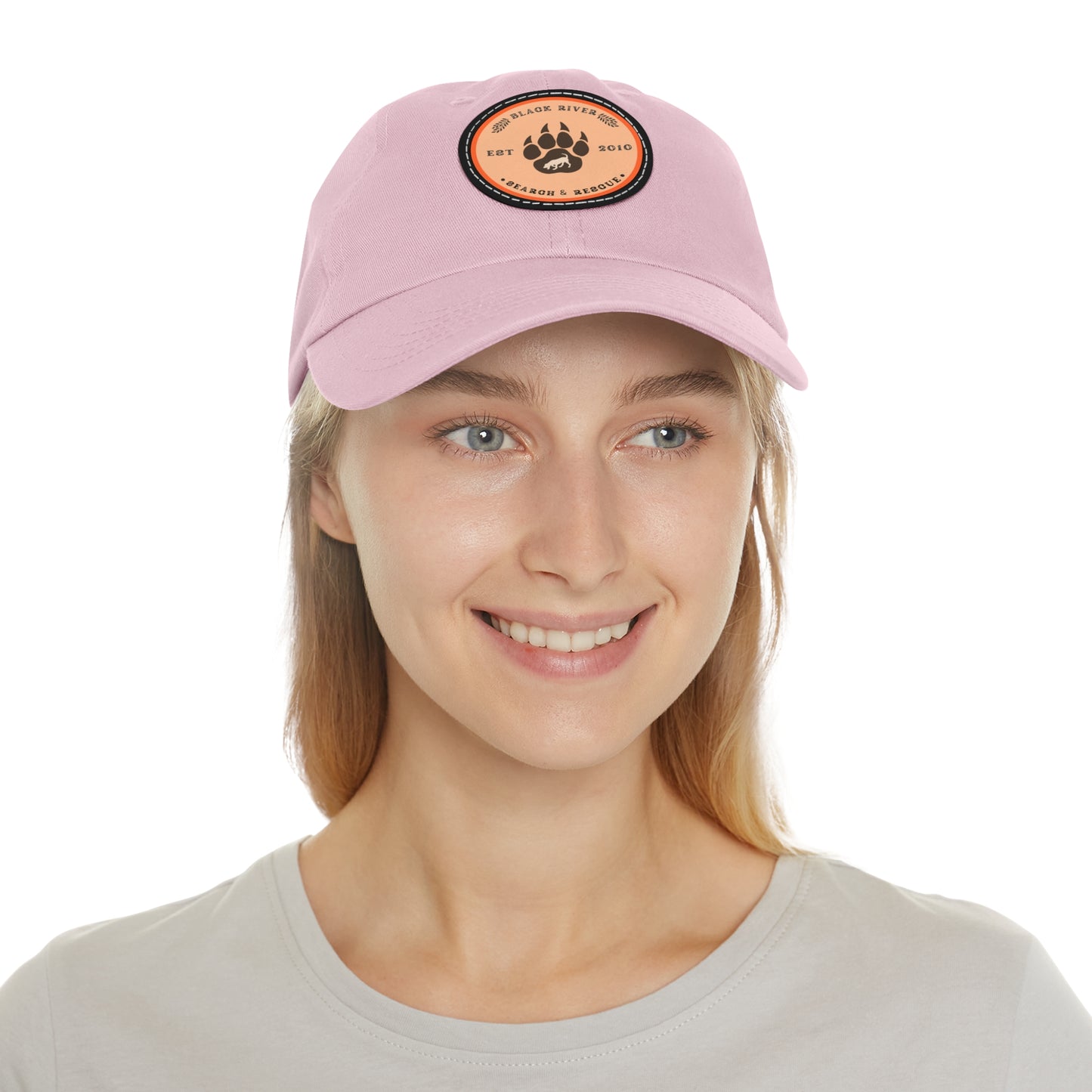 Copy of Unisex Hat with Leather Patch (Round), Black River Search & Rescue Logo, Orange patch