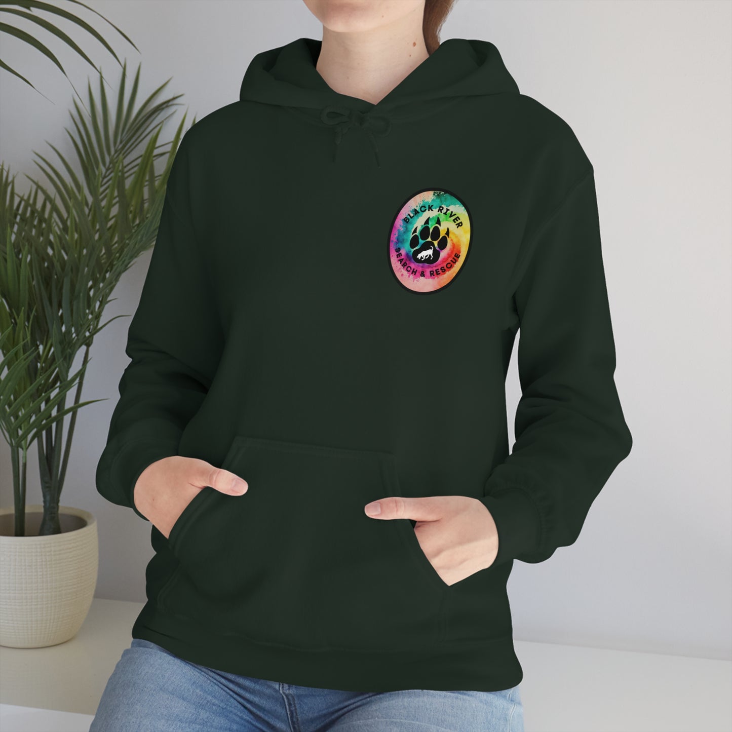 Tie Dye Black River Search & Rescue Logo with Lucy Unisex Heavy Blend™ Hooded Sweatshirt