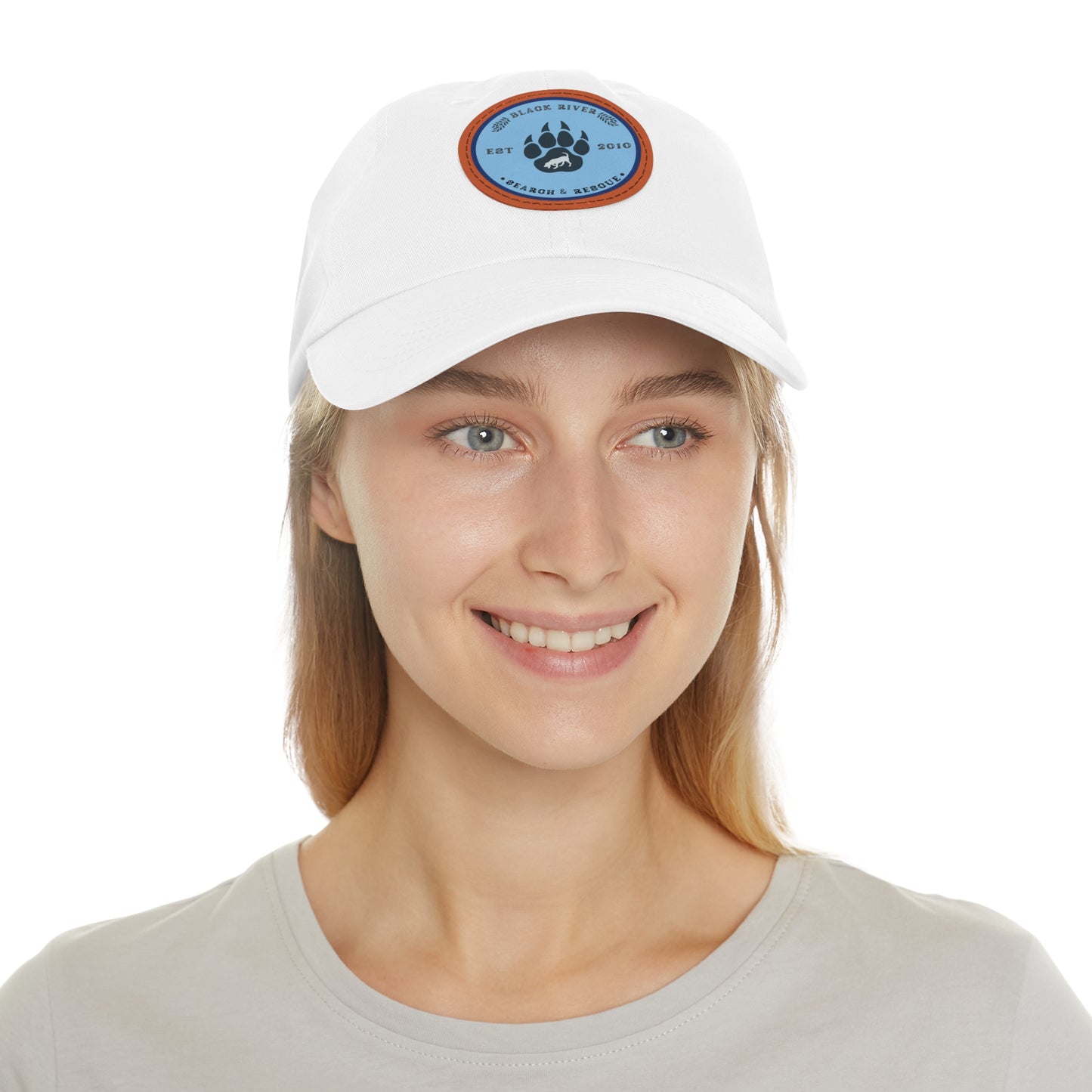 Unisex Hat with Leather Patch (Round), Black River Search & Rescue Logo, Blue patch