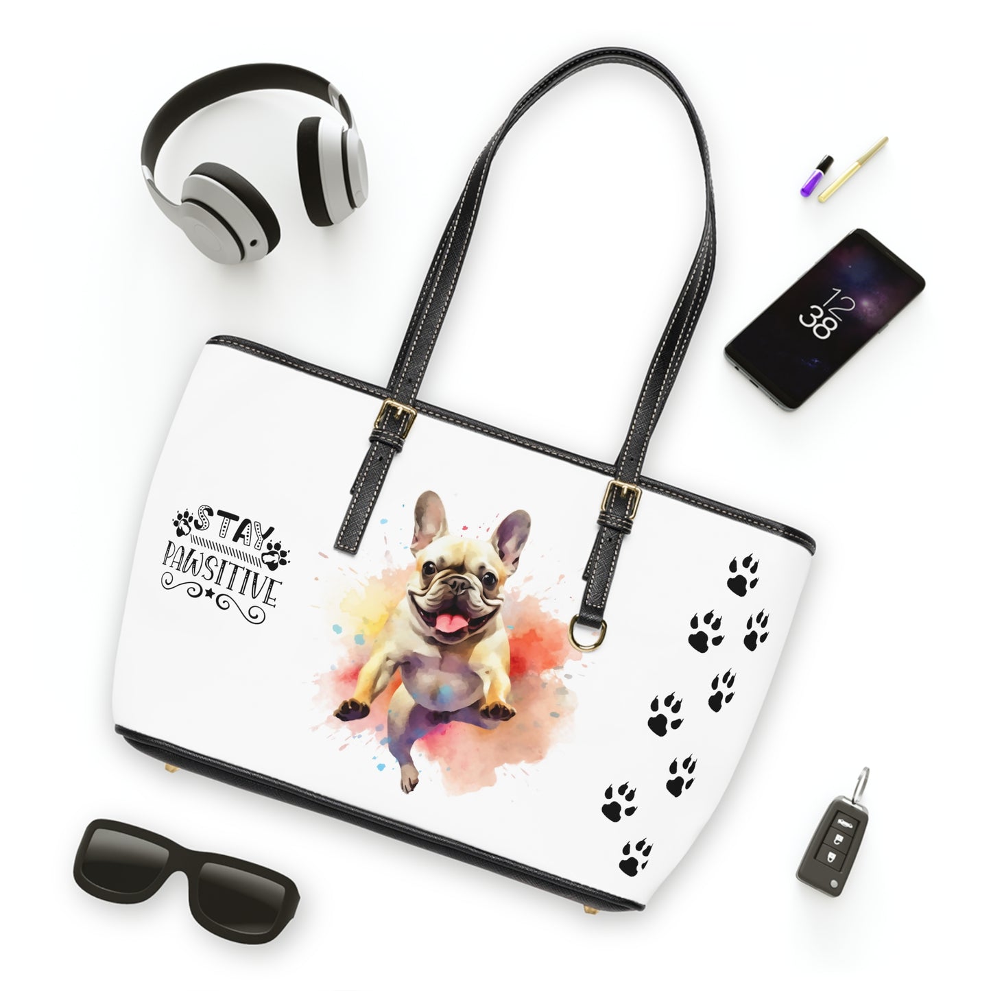 French Bulldog Leather Shoulder Bag two Frenchie pictures You Had Me at Woof Stay Pawsitive