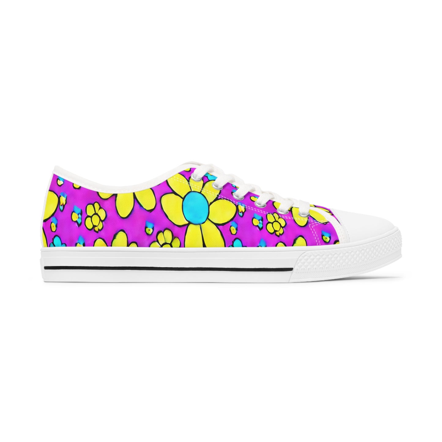 Women's Low Top Sneakers, Retro Flowers, Purple, Yellow, Multi-color flowers