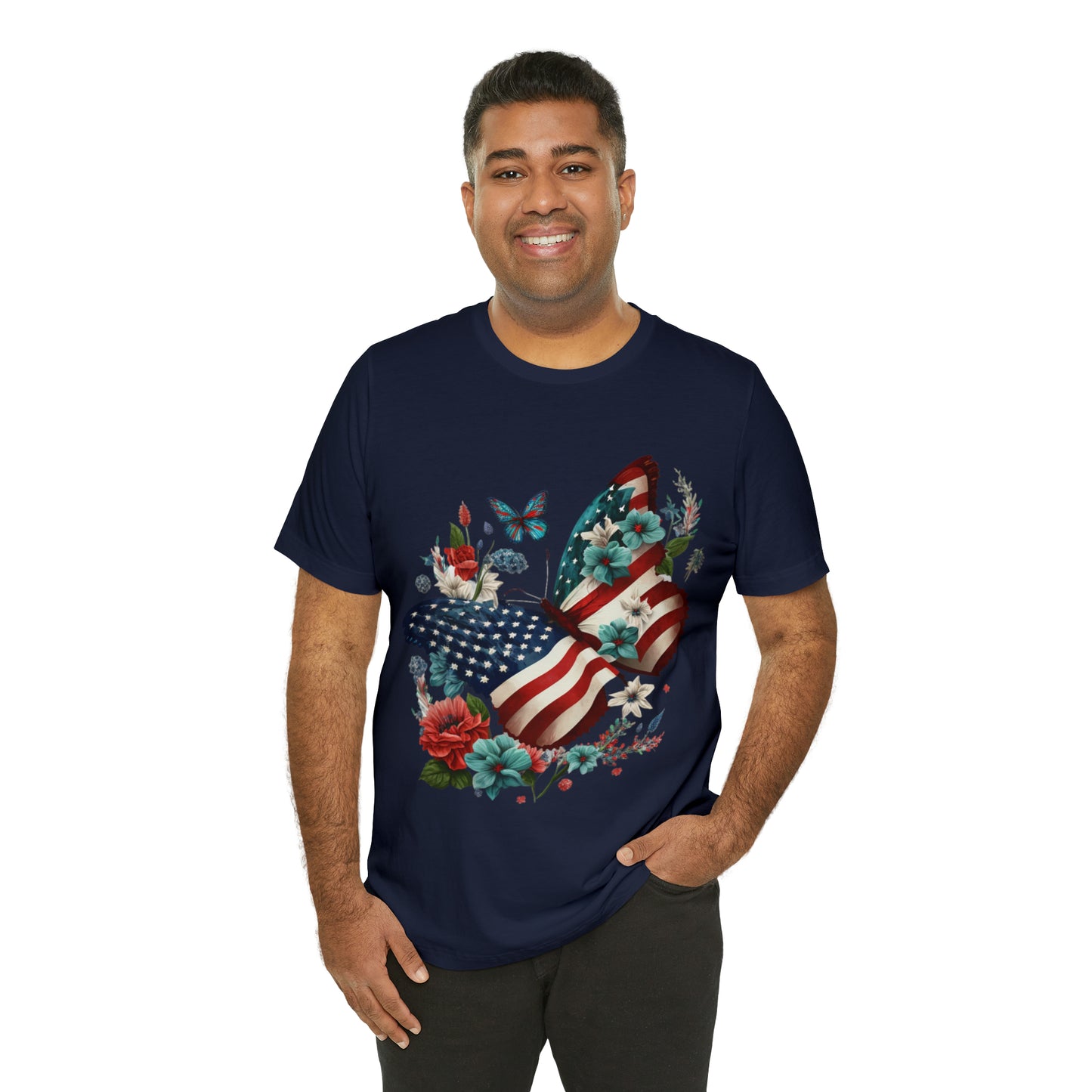 Unisex Jersey Short Sleeve Tee, American Flag, Butterfly, Patriotic