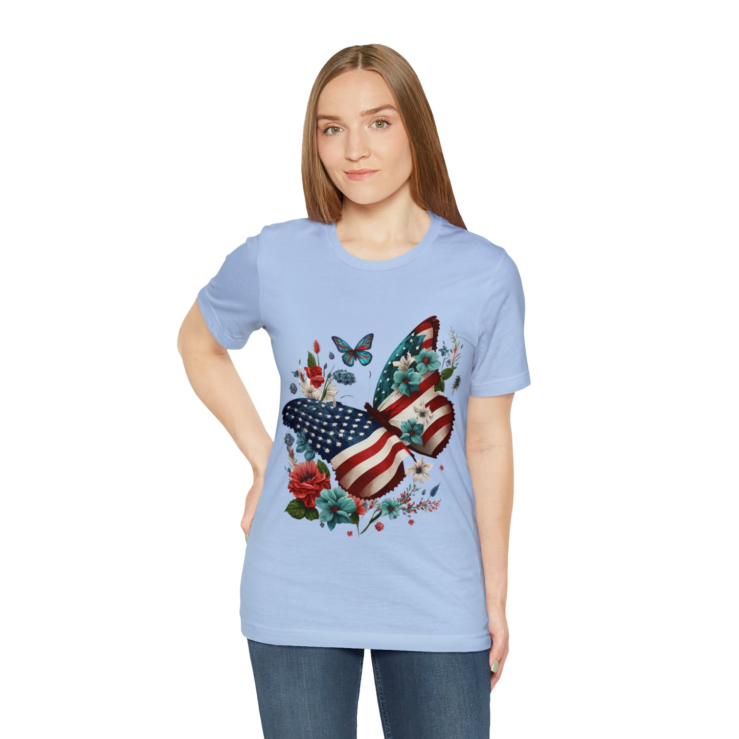 Unisex Jersey Short Sleeve Tee, American Flag, Butterfly, Patriotic