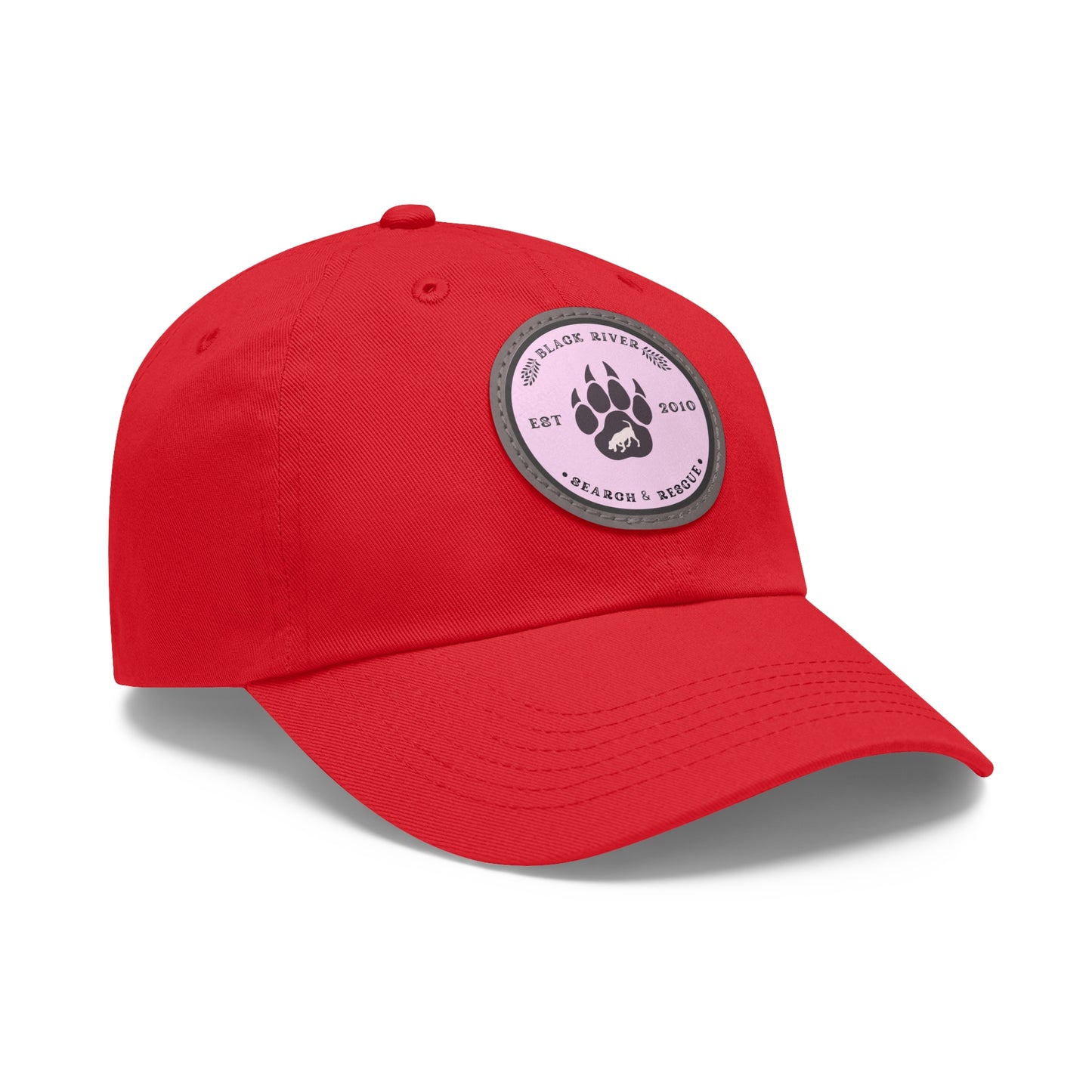 Copy of Unisex Hat with Leather Patch (Round), Black River Search & Rescue Logo, Pink patch