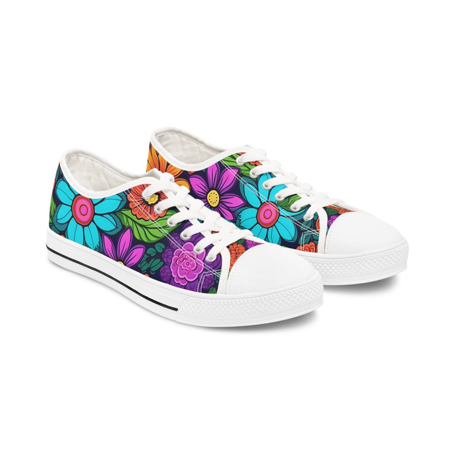 Women's Low Top Sneakers, Retro Flowers, Purple, Aqua, Multi-color floral