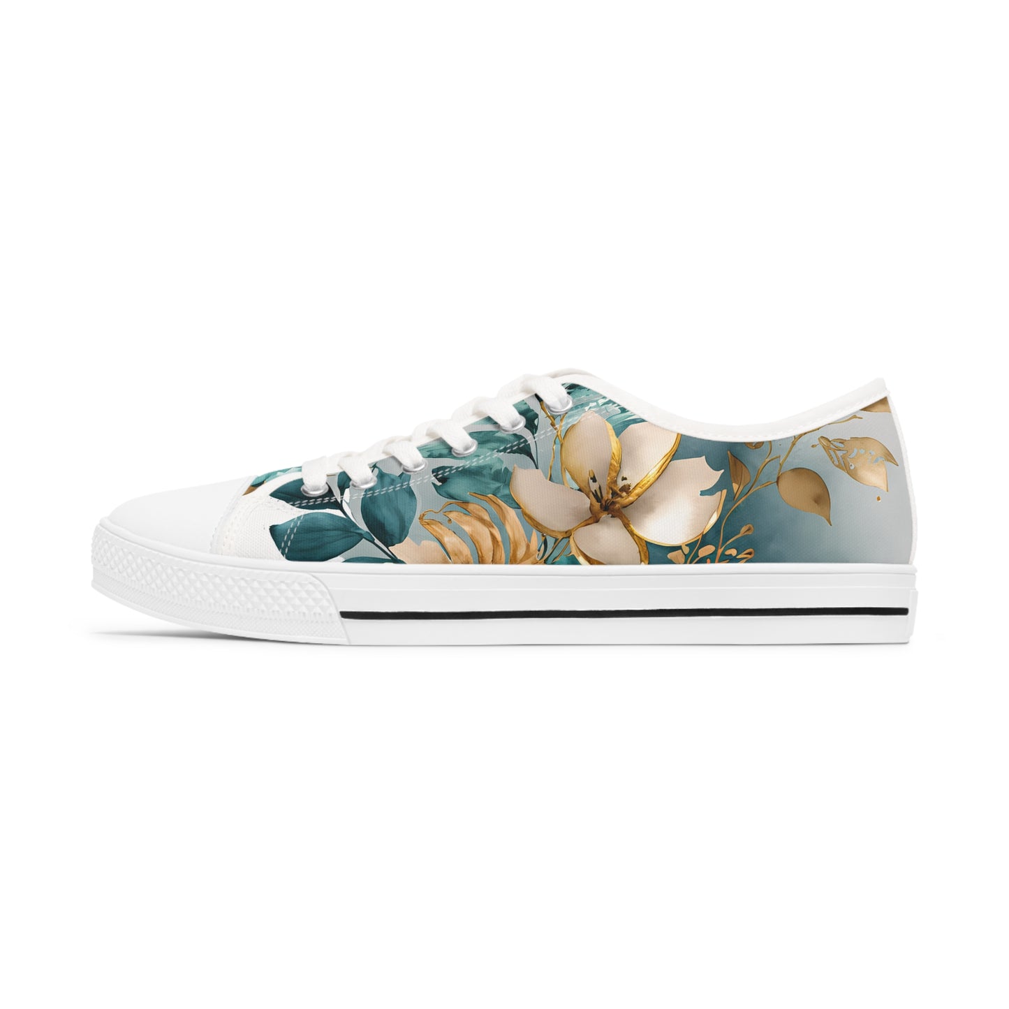 Women's Low Top Sneakers, Turquoise, Gold, Multi-color flowers