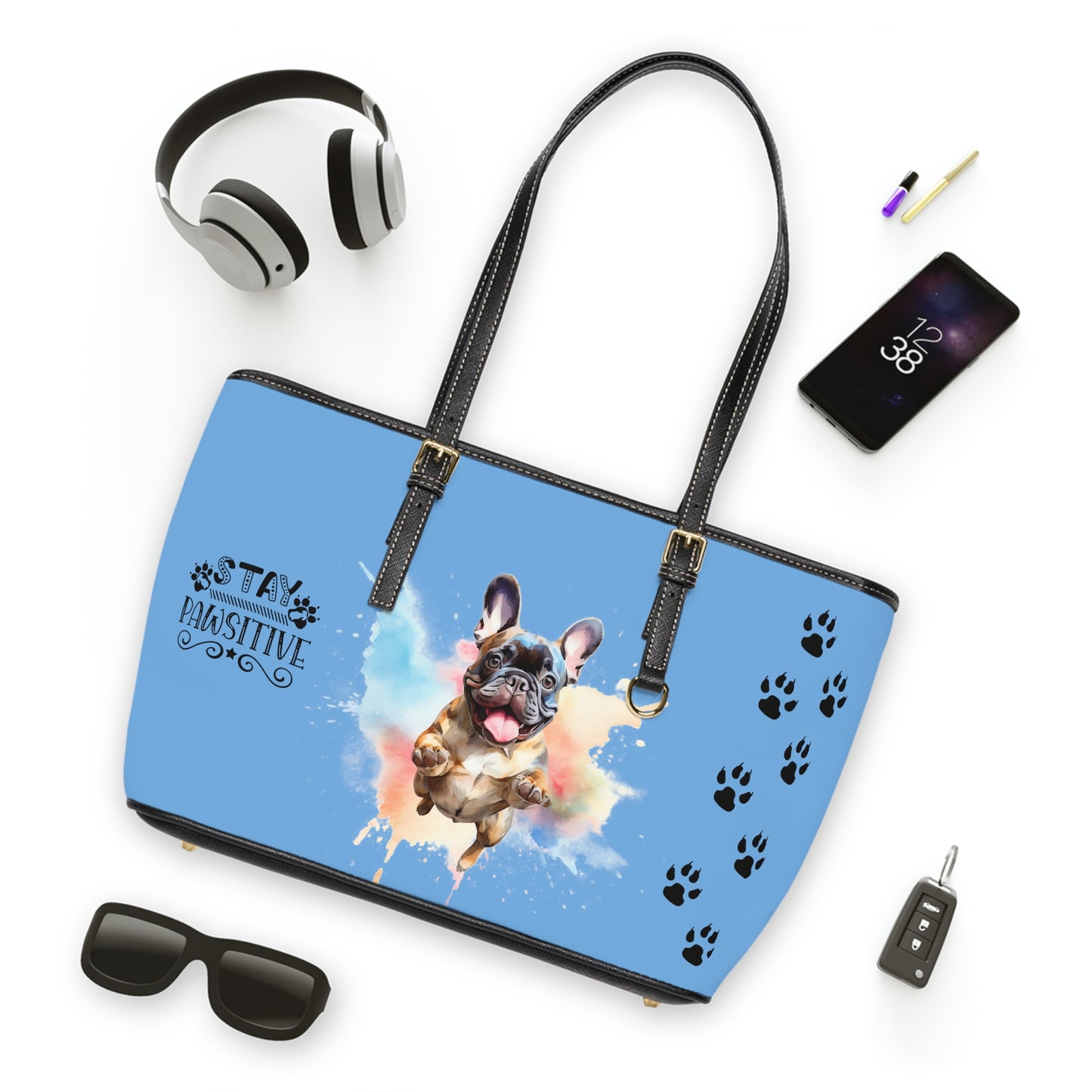 French Bulldog Leather Shoulder Bag Light Blue two Frenchie pictures You Had Me at Woof Stay Pawsitive