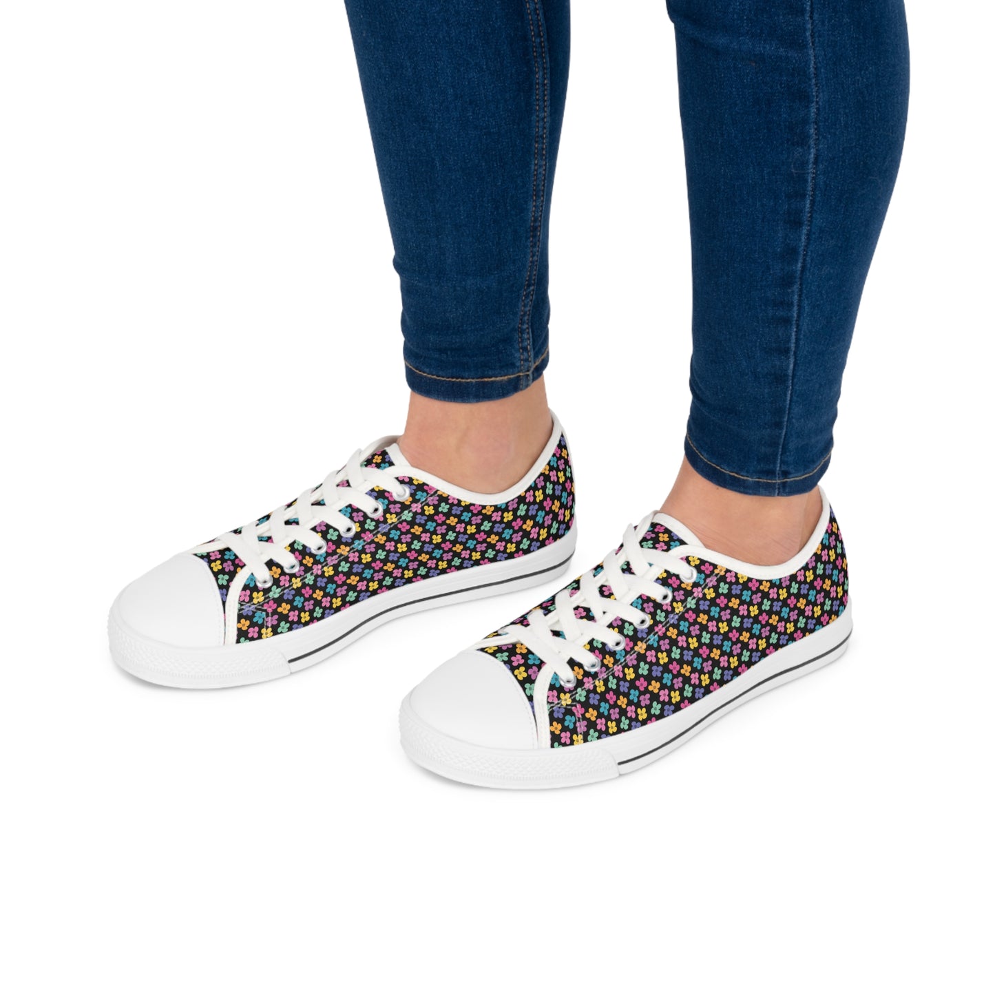 Multicolor Flower Black Women's Low Top Sneakers