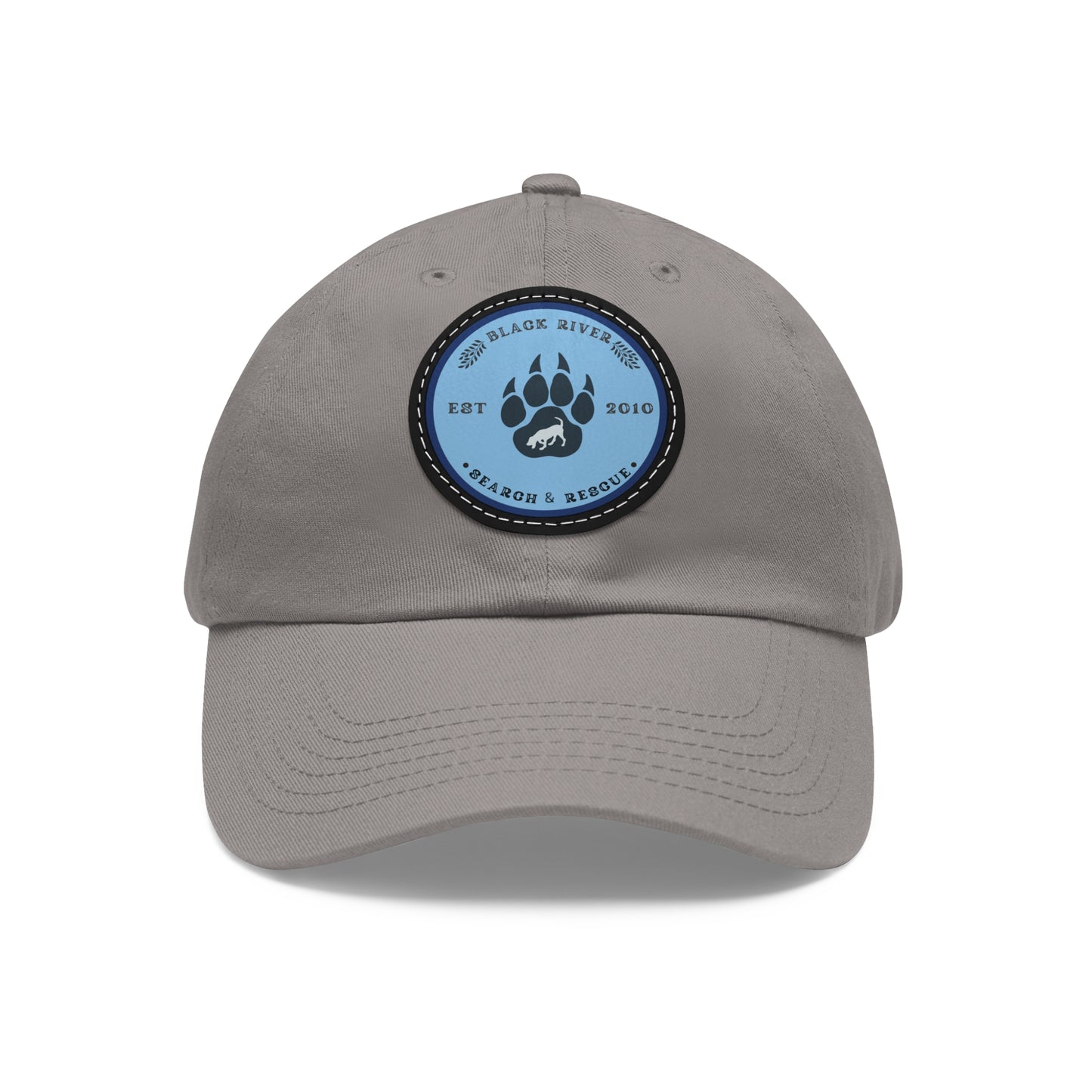 Unisex Hat with Leather Patch (Round), Black River Search & Rescue Logo, Blue patch