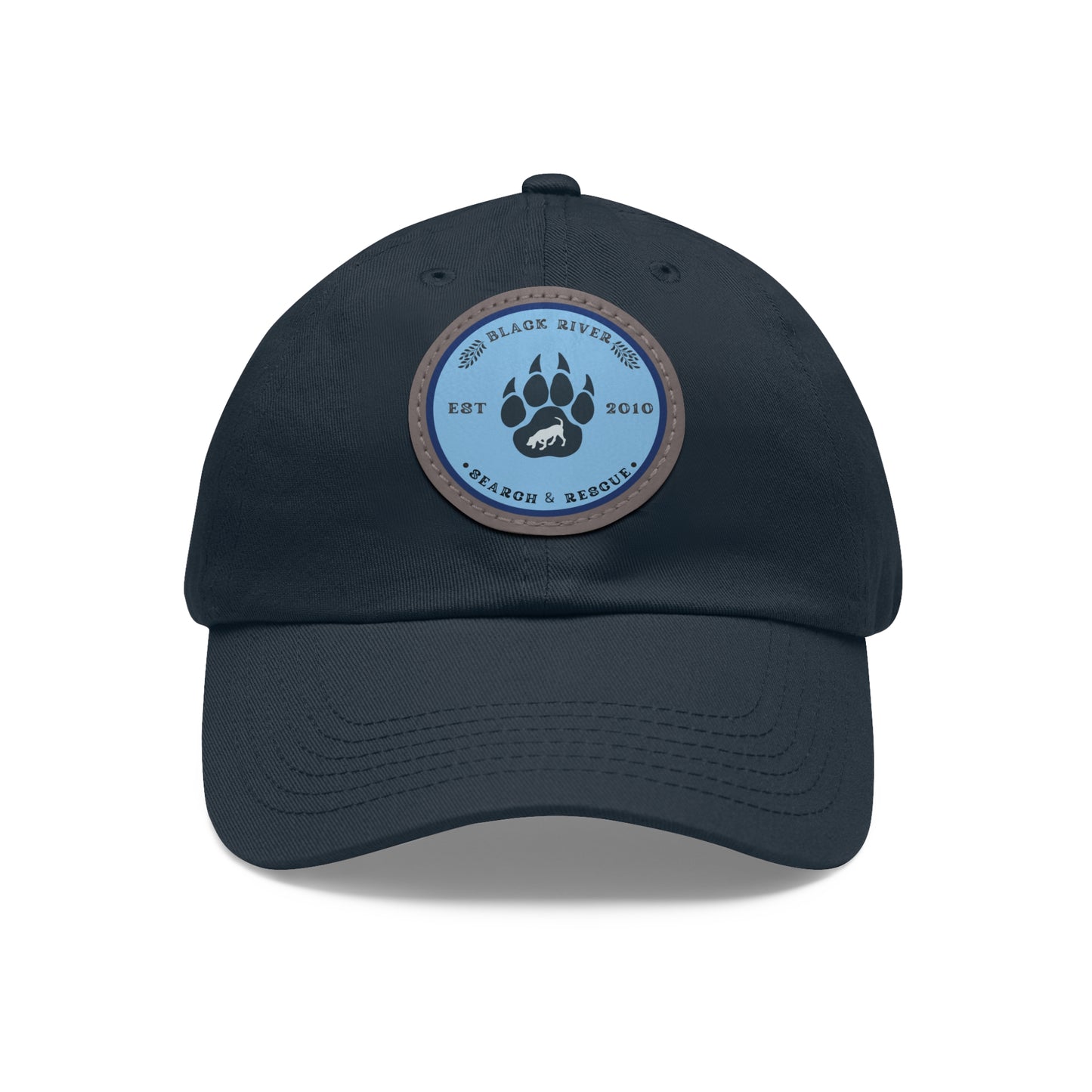 Unisex Hat with Leather Patch (Round), Black River Search & Rescue Logo, Blue patch