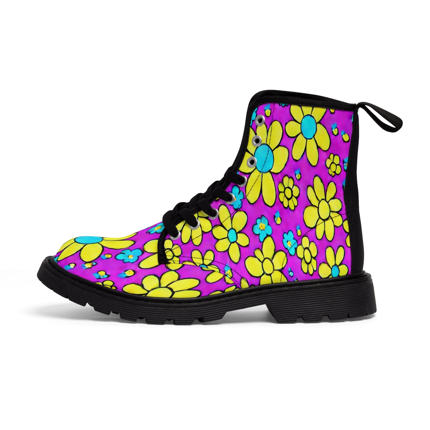 Women's Canvas Boots, Daisies, Purple, Yellow,, Retro, Flowers