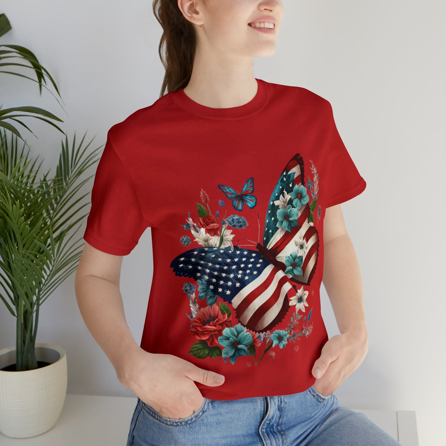 Unisex Jersey Short Sleeve Tee, American Flag, Butterfly, Patriotic