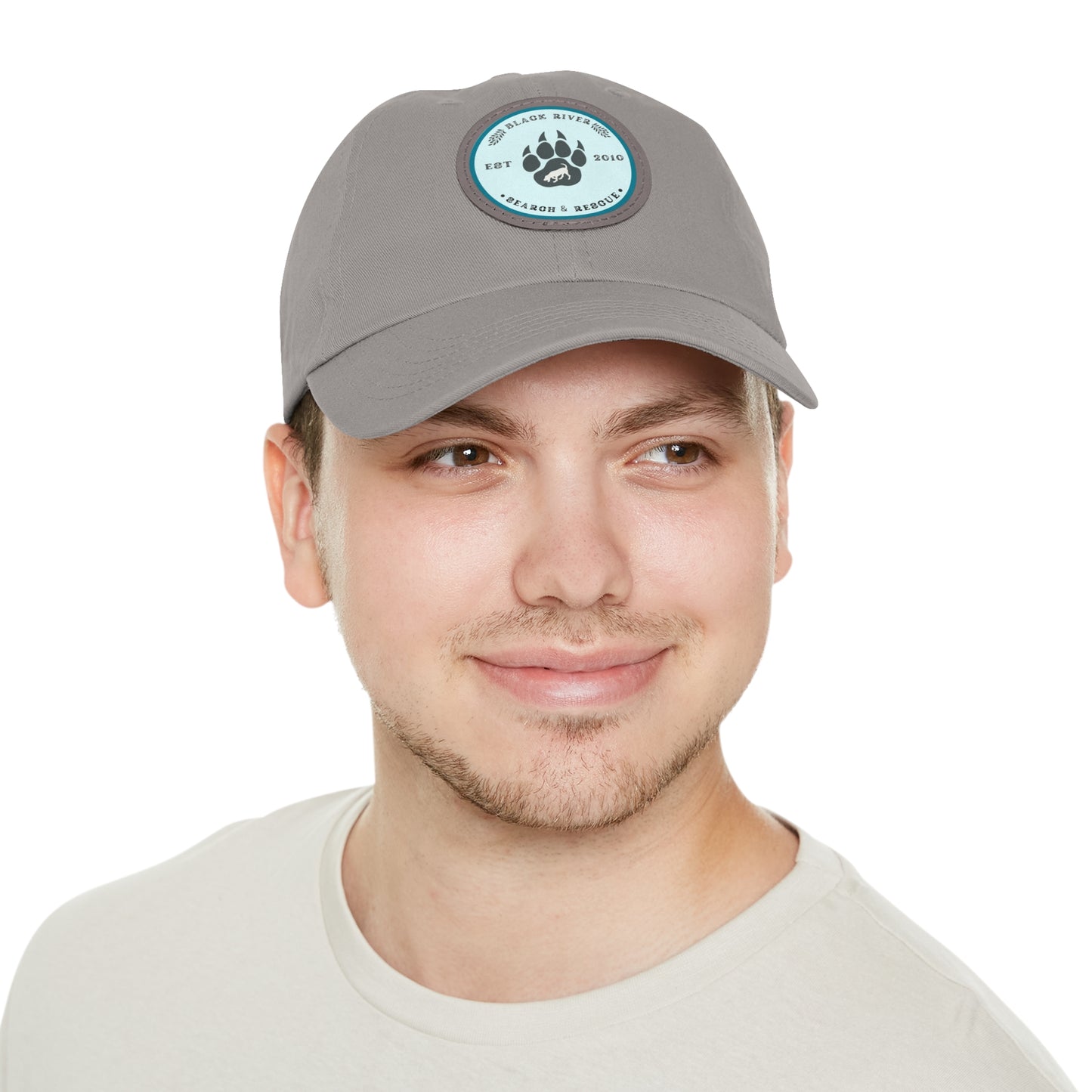 Unisex Hat with Leather Patch (Round), Black River Search & Rescue Logo, Turquoise patch