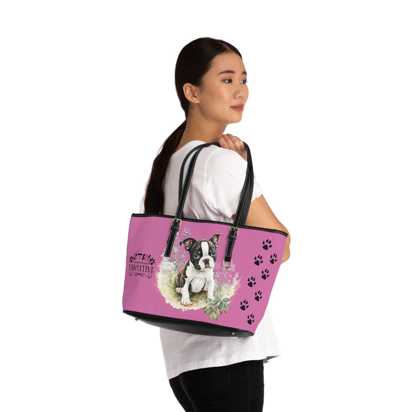 Boston Terrier Puppy Leather Shoulder Pink Bag two Boston Terrier puppies You Had Me at Woof Stay Pawsitive