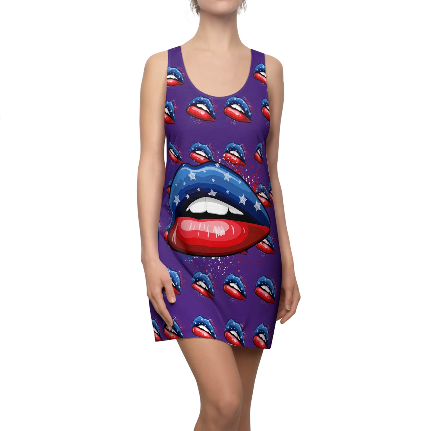 Purple 4th of July Large Lips Purple Women's Cut & Sew Racerback Dress Patriotic