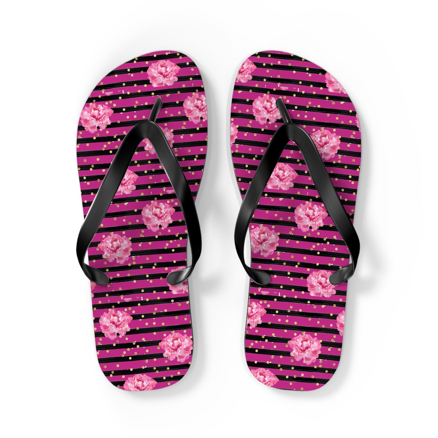 Bright Pink rose and black striped Flip Flops