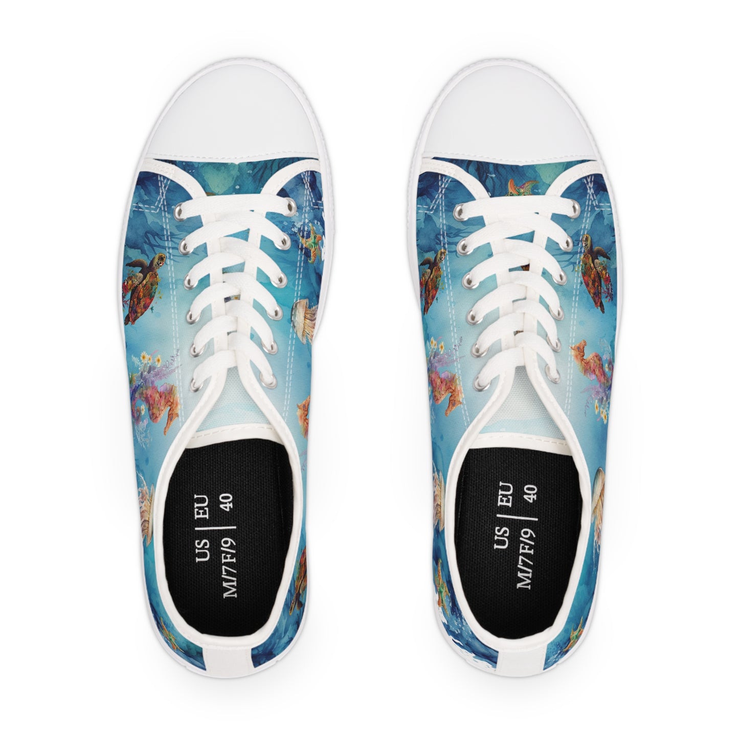 Women's Low Top Sneakers, Under Sea, Jellyfish, Turtle, Seahorse, Starfish