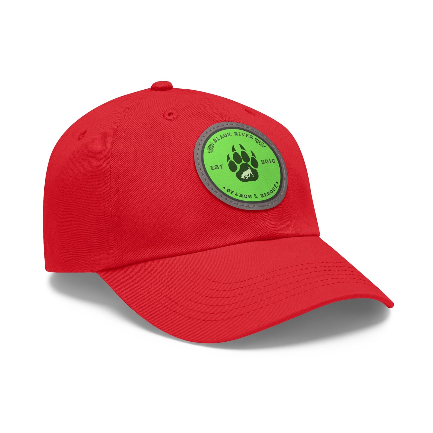 Unisex Hat with Leather Patch (Round), Black River Search & Rescue Logo, Lime Green patch