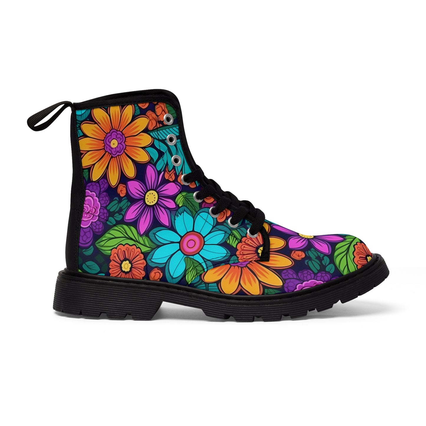 Women's Canvas Boots, Daisies, Sunflowers, Yellow, Purple, Aqua, Flowers, Retro