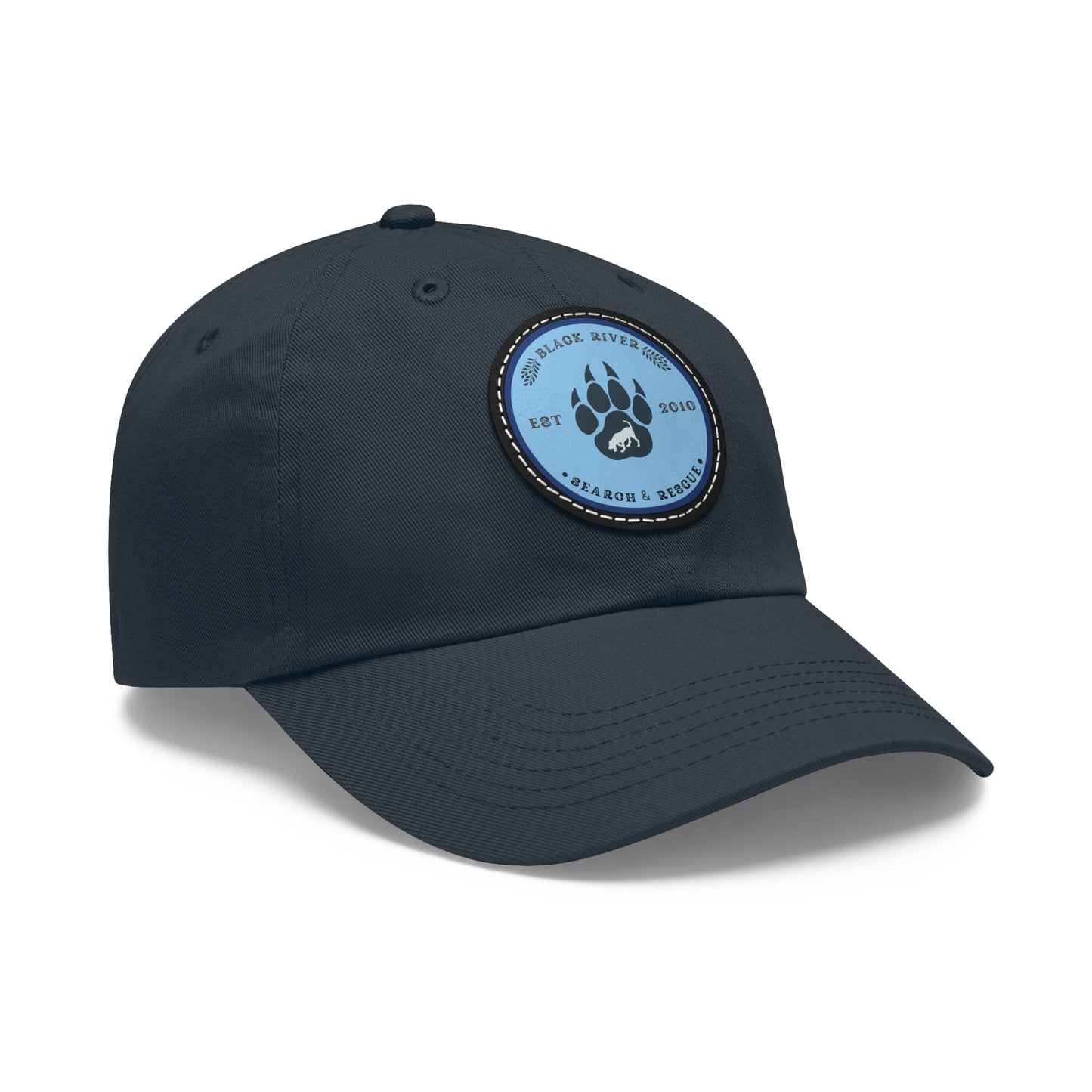 Unisex Hat with Leather Patch (Round), Black River Search & Rescue Logo, Blue patch