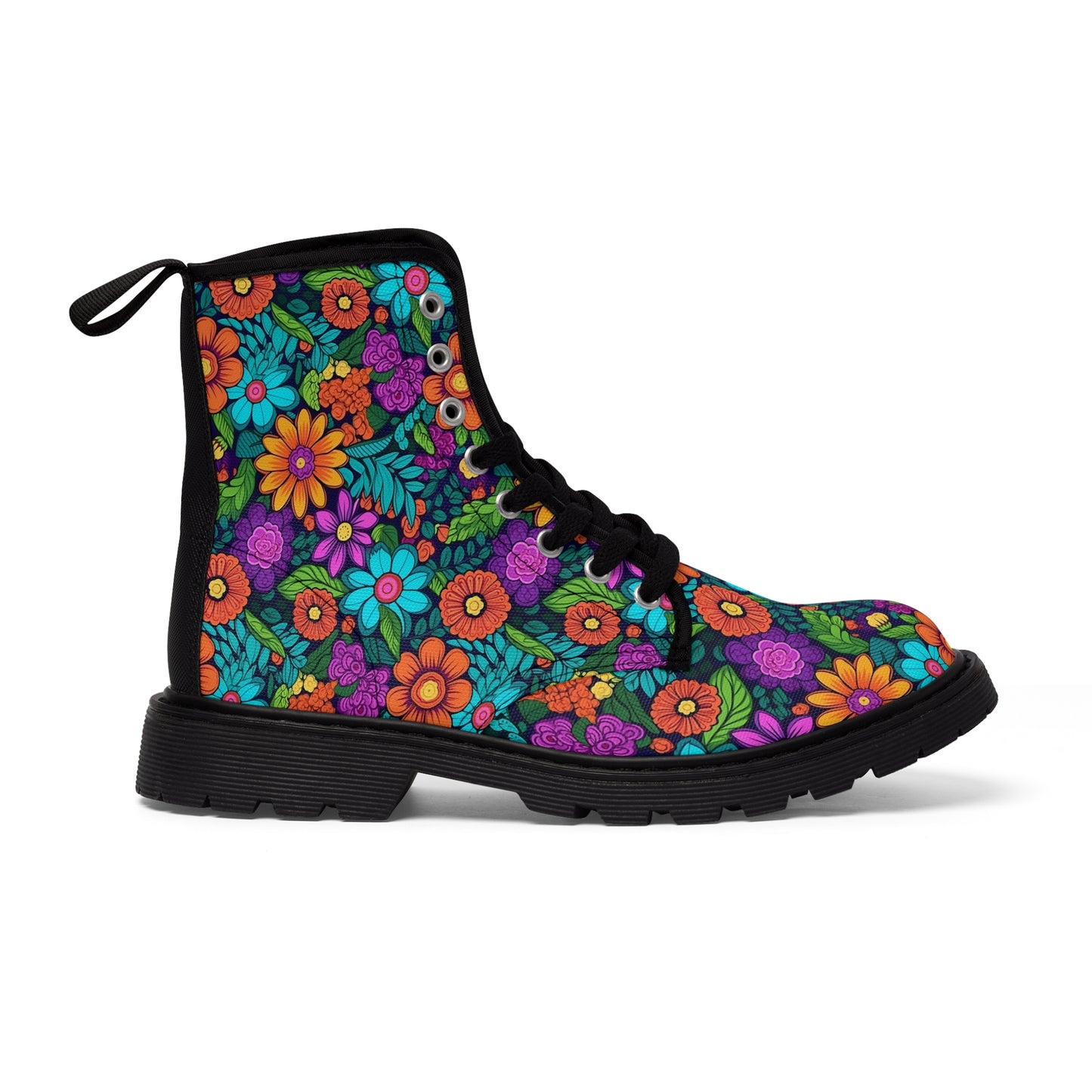 Women's Canvas Boots, Daisies, Sunflowers, Yellow, Purple, Aqua, Flowers, Retro small print flowers