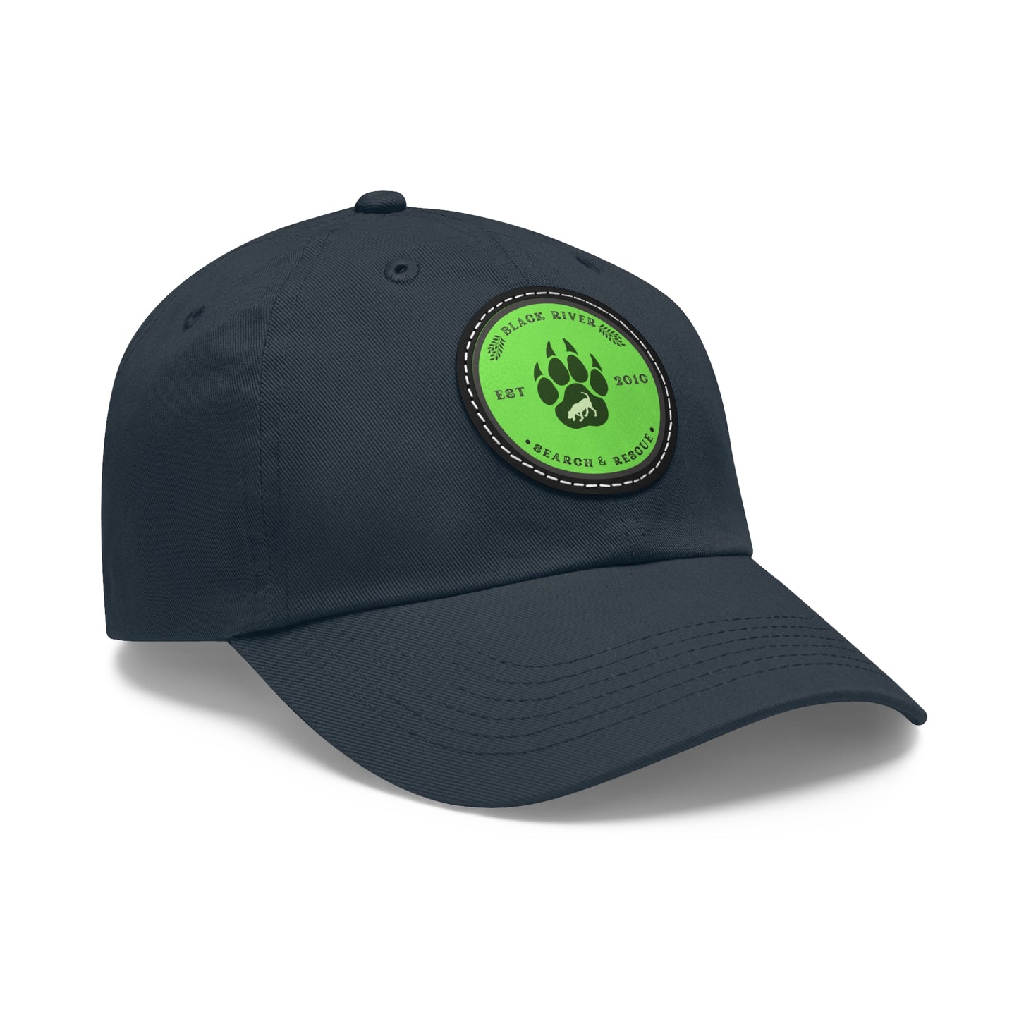 Unisex Hat with Leather Patch (Round), Black River Search & Rescue Logo, Lime Green patch