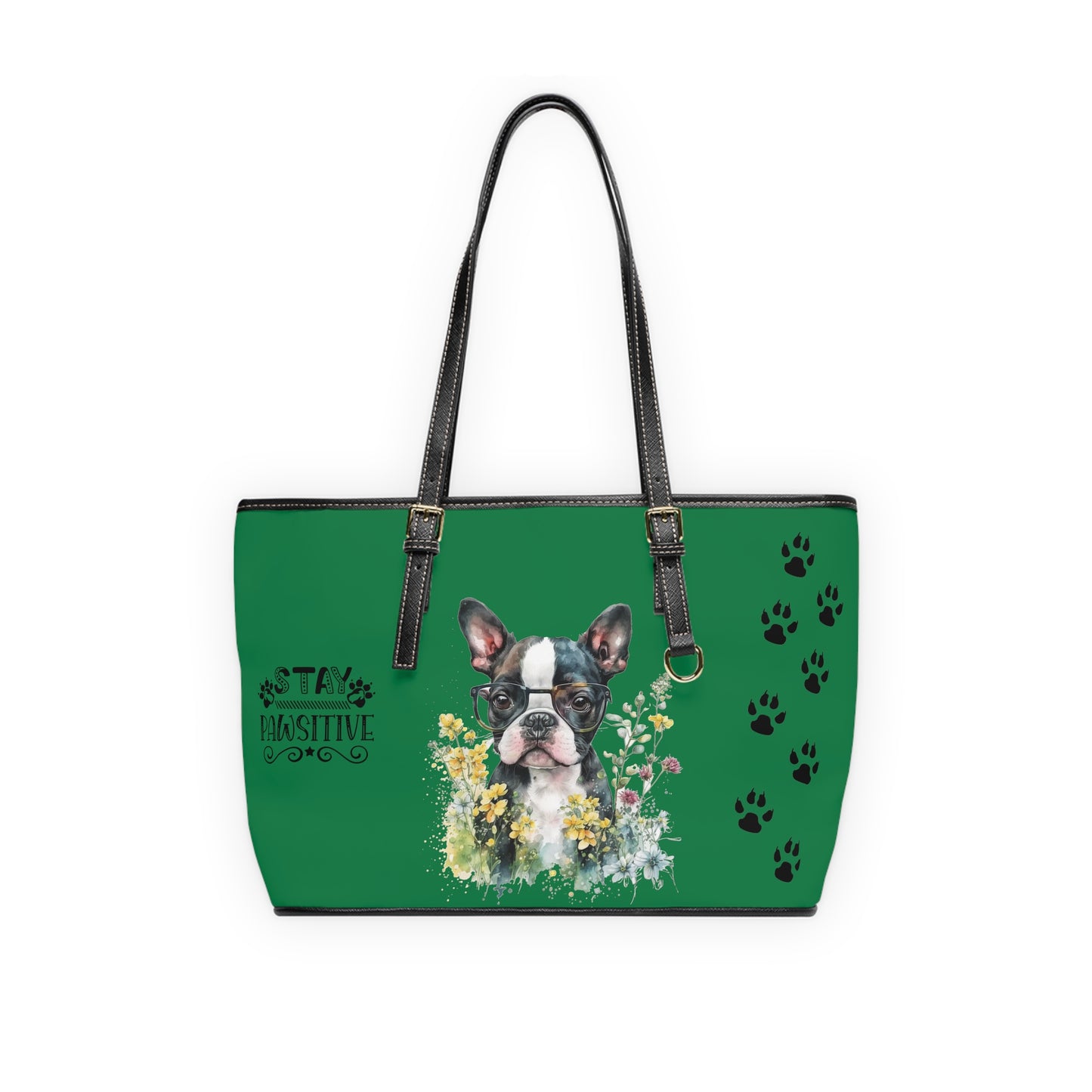 Boston Terrier Puppy Leather Shoulder Bag Green two Boston Terrier puppies You Had Me at Woof Stay Pawsitive