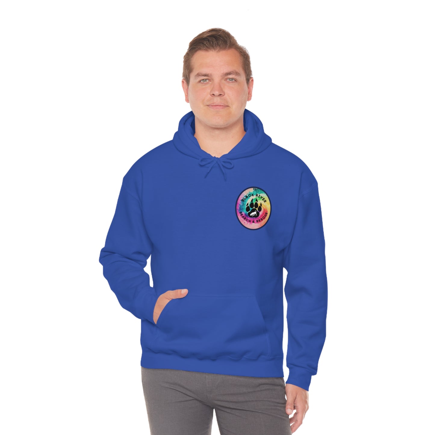 Tie Dye Black River Search & Rescue Logo with Lucy Unisex Heavy Blend™ Hooded Sweatshirt