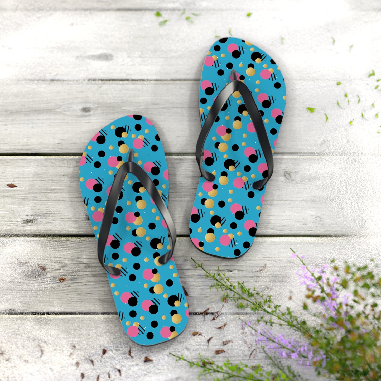 Turquoise pink, black gold polka dot Flip Flops