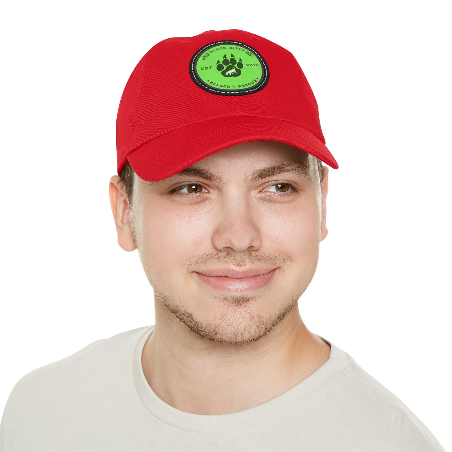 Unisex Hat with Leather Patch (Round), Black River Search & Rescue Logo, Lime Green patch