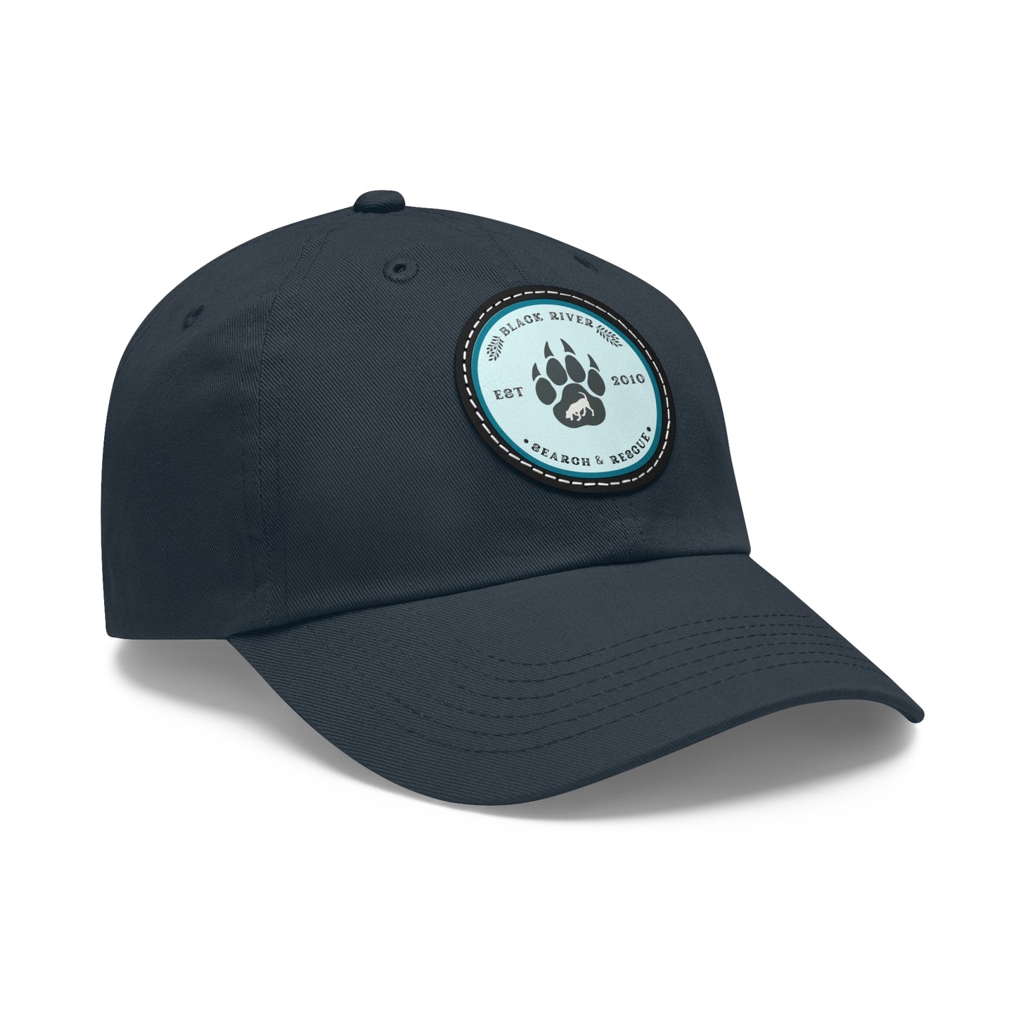 Unisex Hat with Leather Patch (Round), Black River Search & Rescue Logo, Turquoise patch