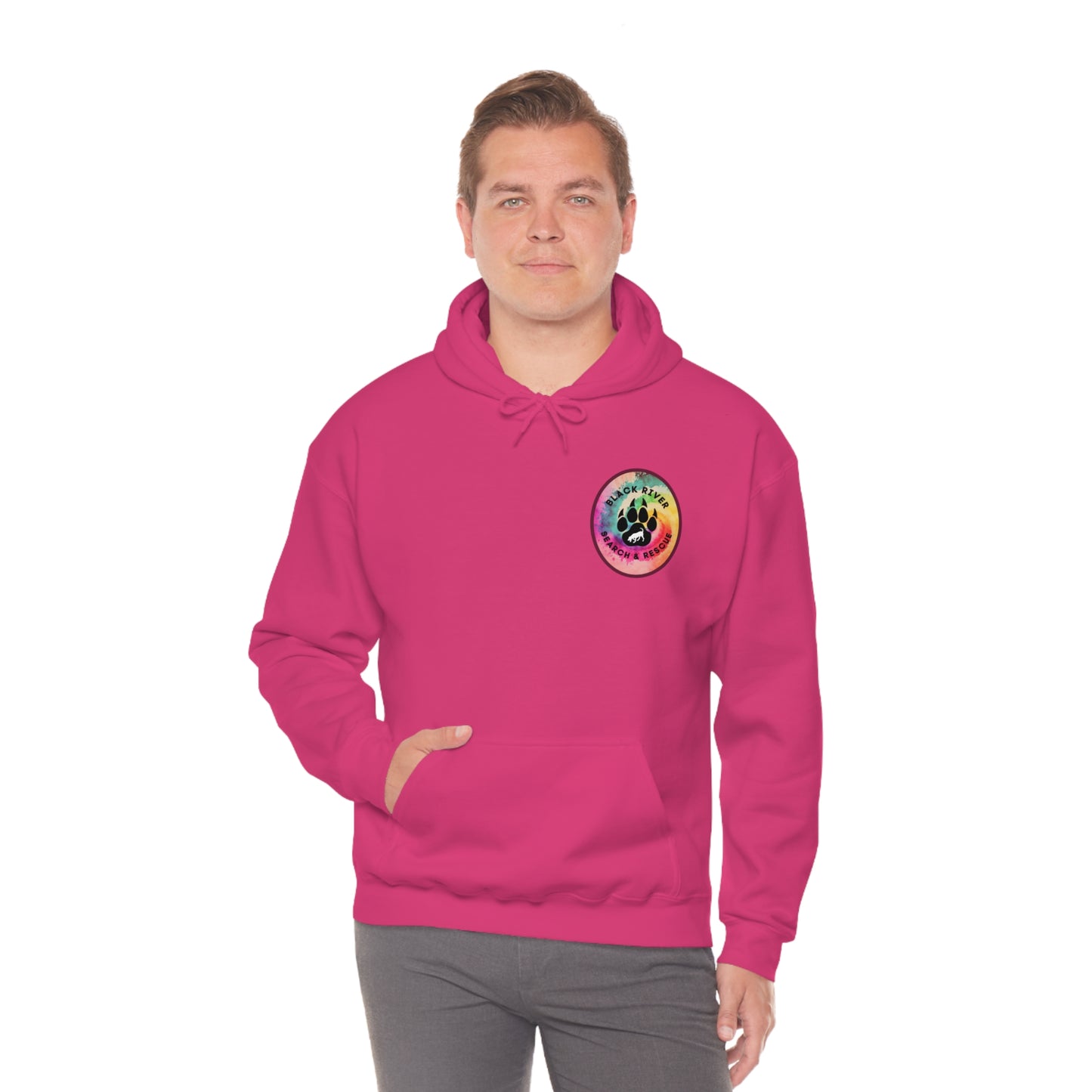 Tie Dye Black River Search & Rescue Logo with Lucy Unisex Heavy Blend™ Hooded Sweatshirt