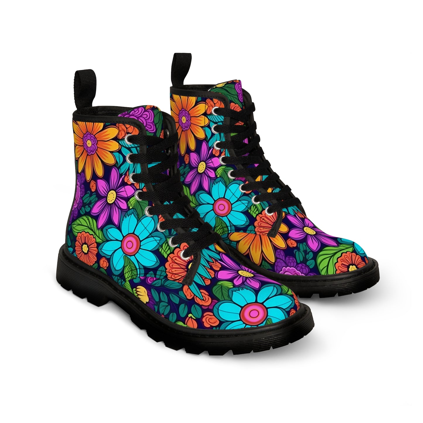 Women's Canvas Boots, Daisies, Sunflowers, Yellow, Purple, Aqua, Flowers, Retro