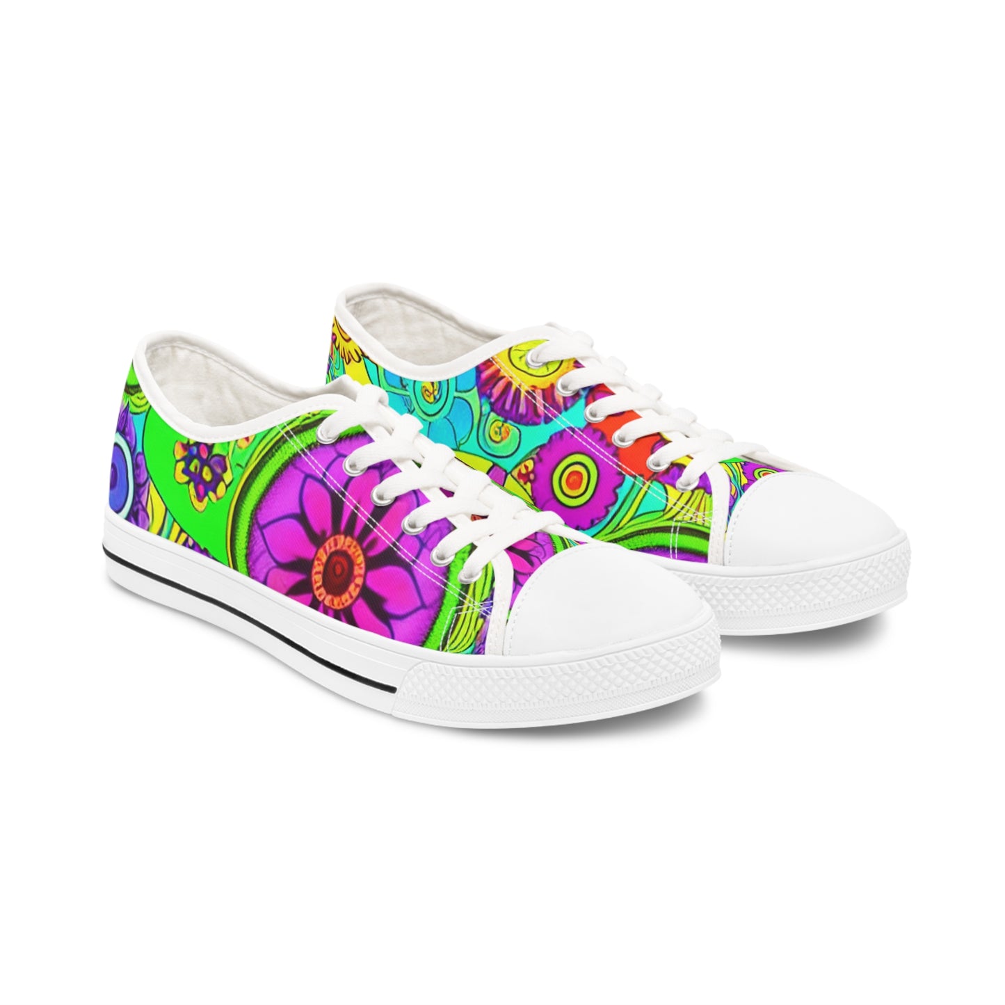 Women's Low Top Sneakers, Retro Flowers, Purple, Multi-color flowers